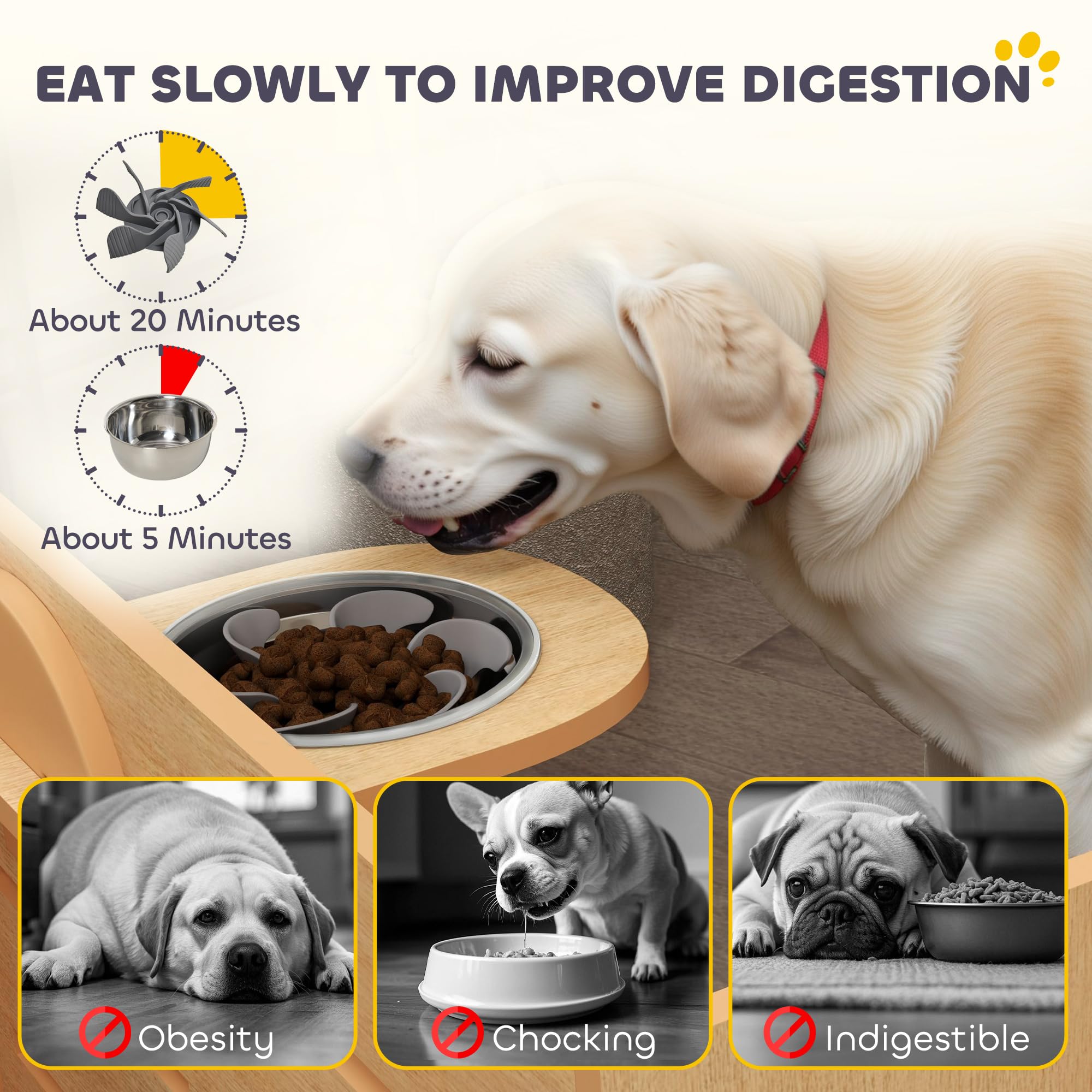 PawHut Ciotola per Cani rialzata di 3 Altezze Regolabili, Ciotola per Cani con 2 Ciotole in Acciaio Inox, Tappetino per Alimentazione Lento, Design Separato, per Cani Piccoli, Medi e Grandi, Rovere