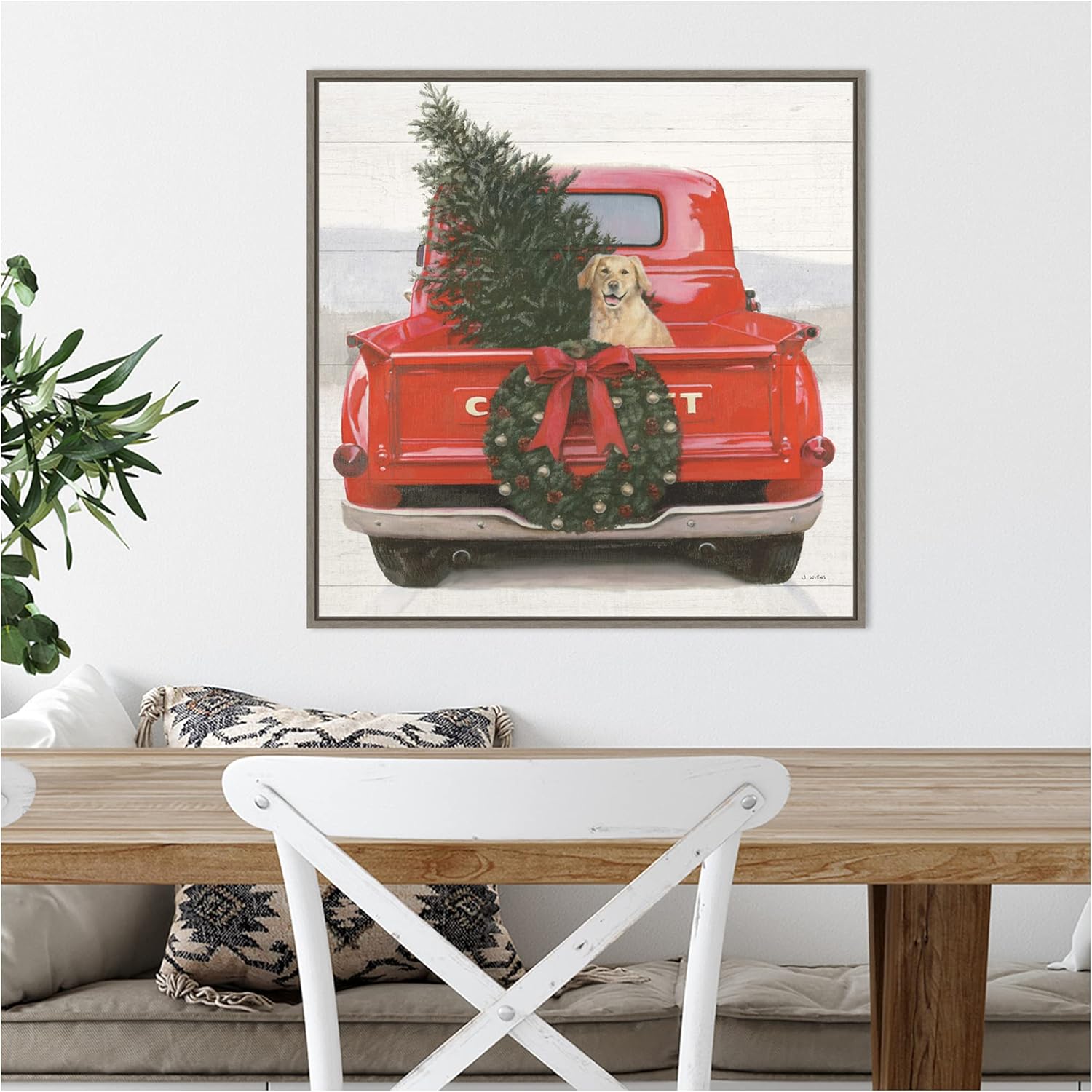 Christmas Red Truck with Dog Framed Canvas Wall Art