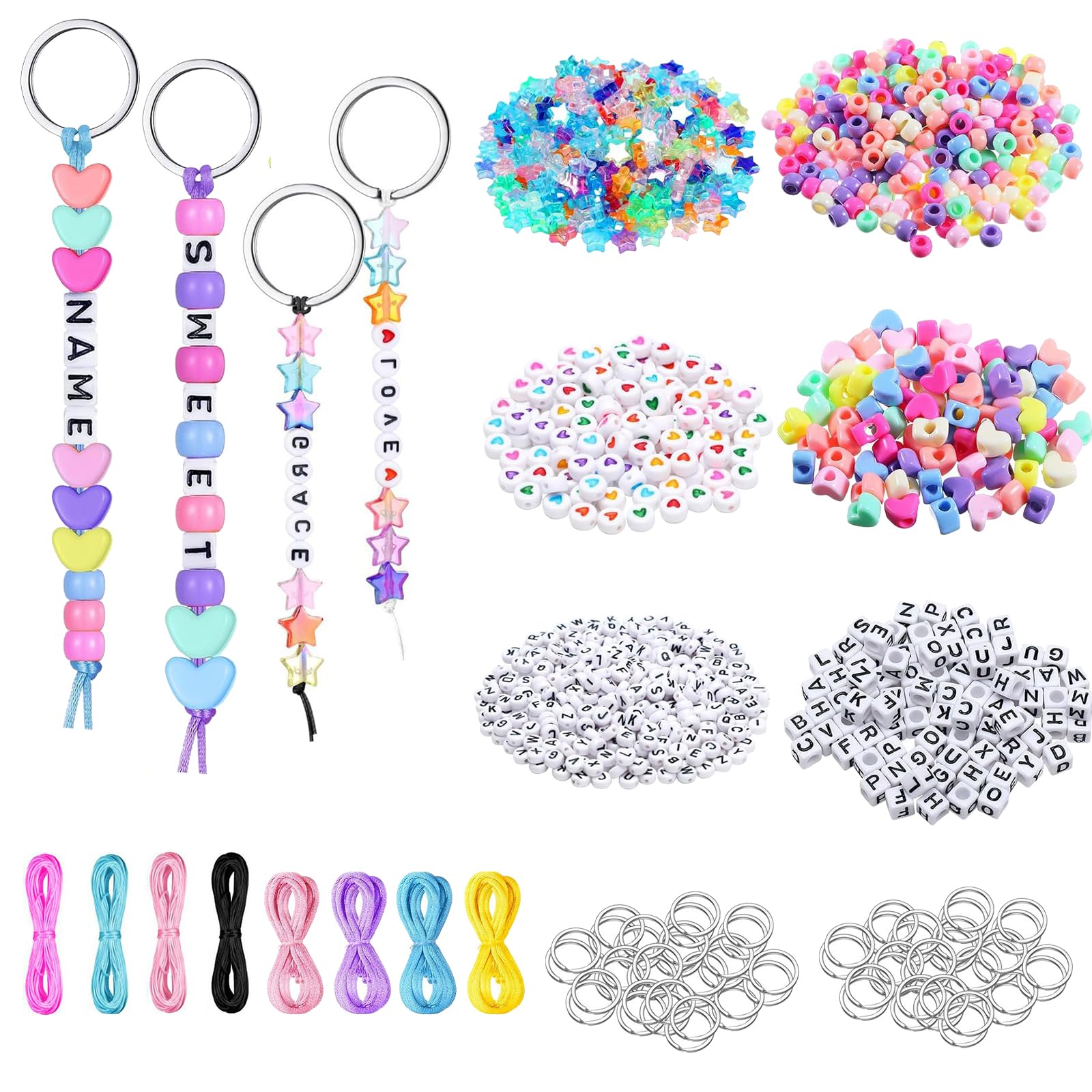 Husoue Multicoloured 1122 Pcs Keyring Making Kit, Diy Keychain Making Kit Includes Key Rings Letter Beads Coloured Beads And Cords For Backpack Charms Party Favours