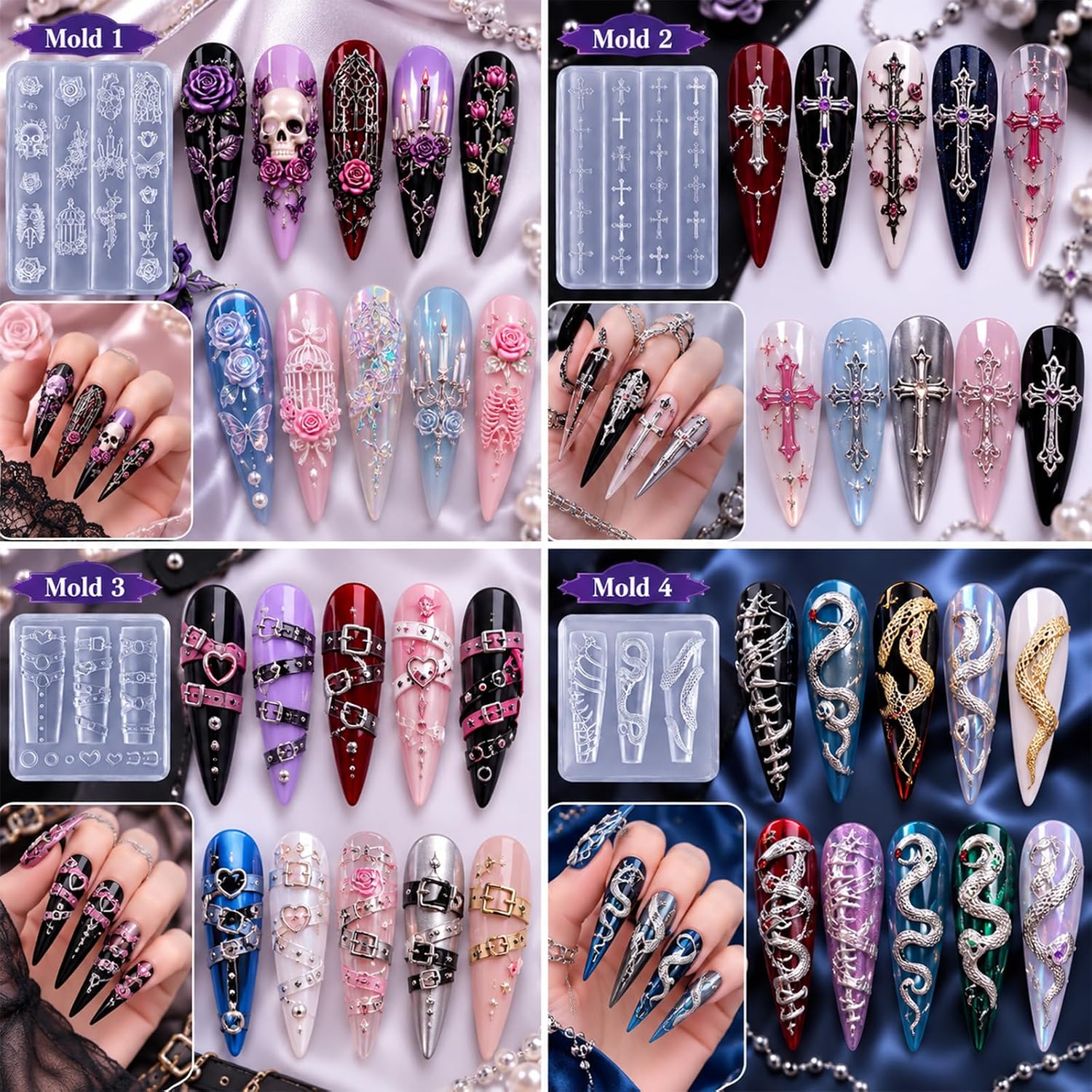 Halloween 3D Nail Art Molds Set, 4Pcs Gothic Silicone Nail Molds