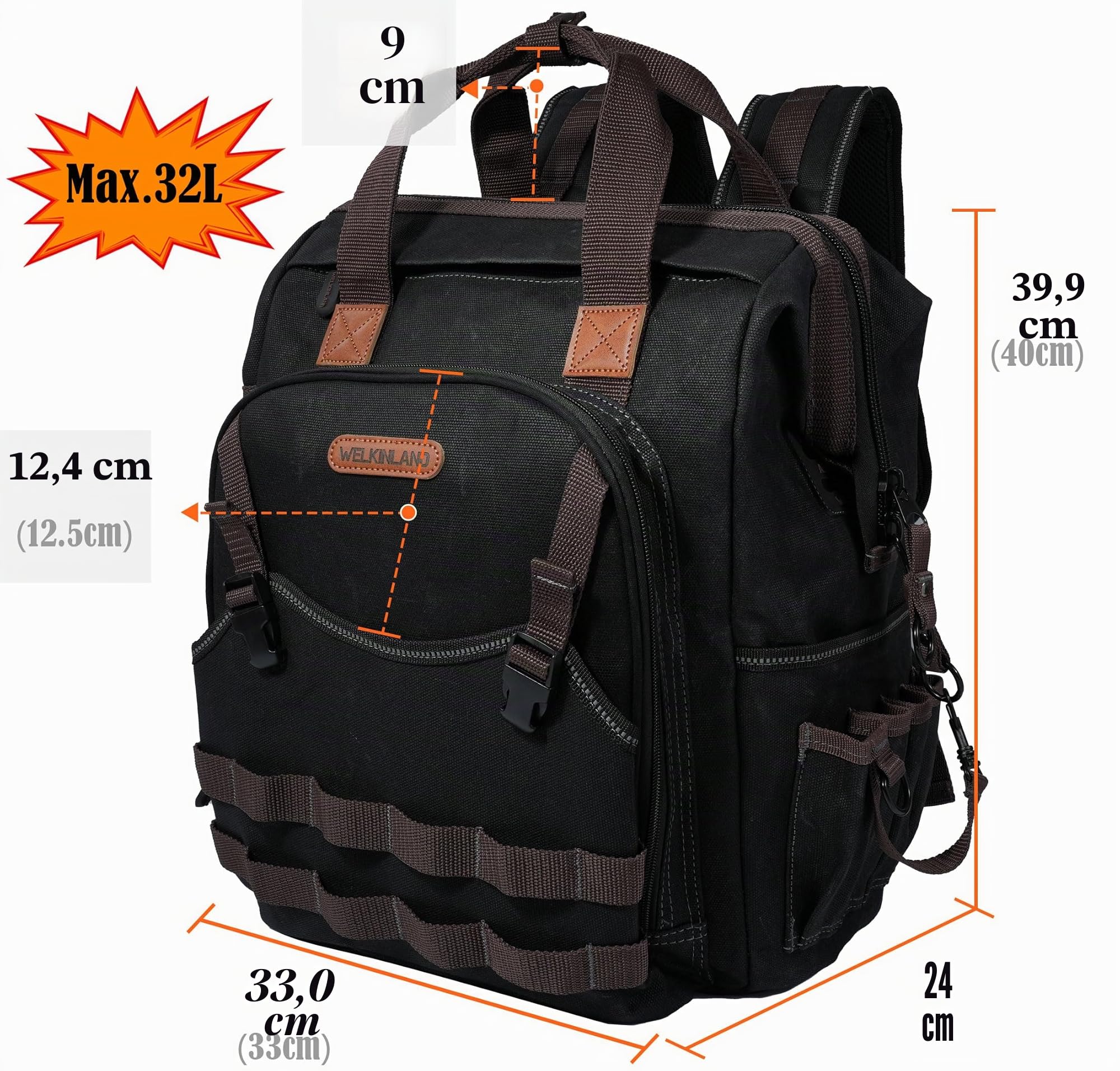 WELKINLAND Sac à dos d’outils HAVC en toile cirée à 88 poches, sac à dos d’outils pour électricien robuste, sac à dos d’outil pour technicien à ouverture supérieure, sac à dos d’outils pour la