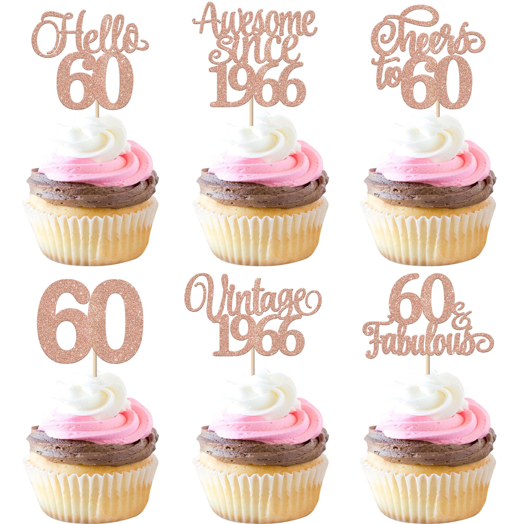 Xsstarmi 24 Pack Vintage 1966 Cupcake Toppers Rose Gold Hello 60 Fabulous Cupcake Picks Cheers to 60 Years Birthday Cake Decorations for Happy 60th Birthday Anniversary Party Supplies