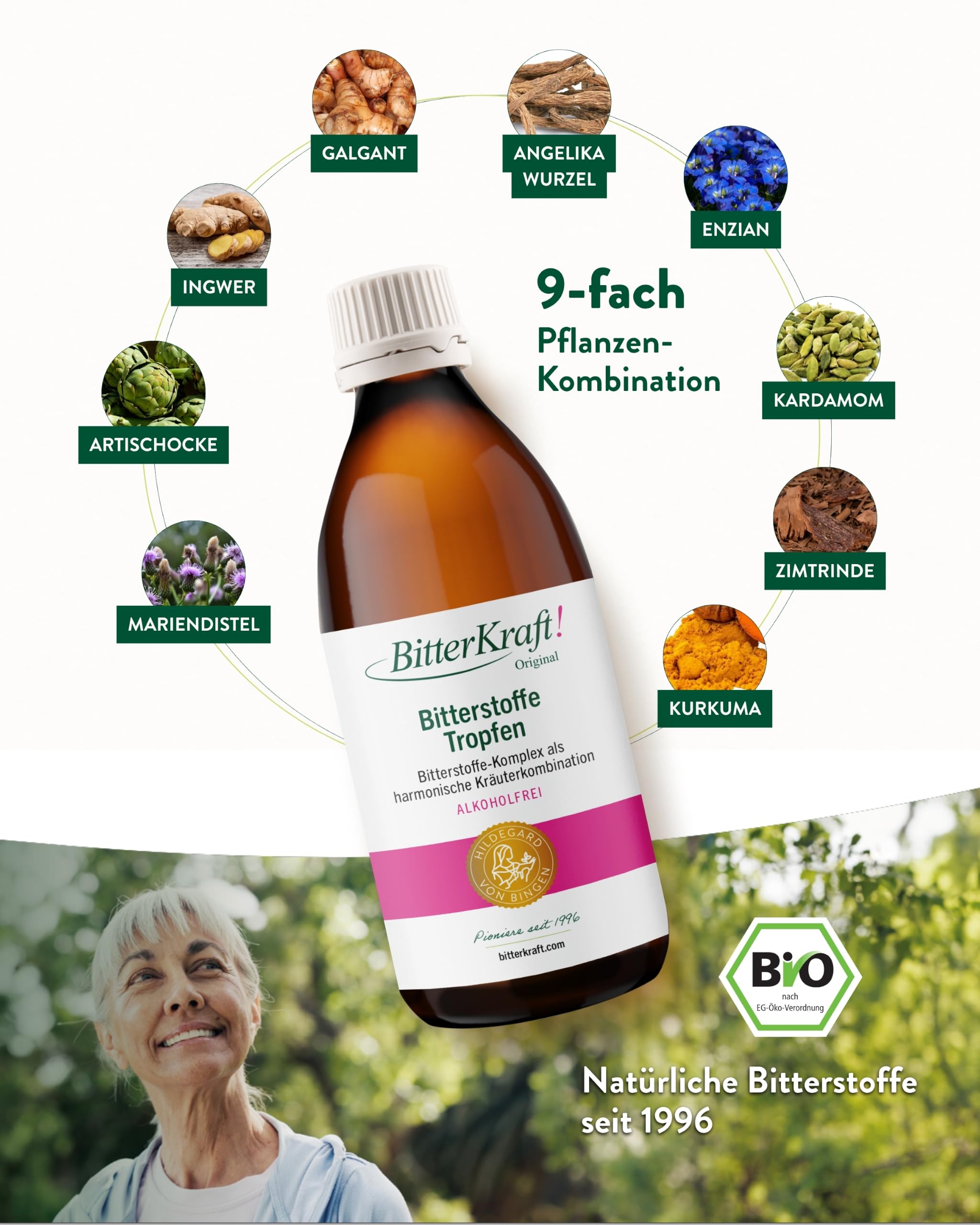 BitterKraft! Kräuterbitter alkoholfrei 200 ml – Bio Bitterstoffe mit 9 Kräutern - Hildegard von Bingen – vegan & ohne Zusatzstoffe – Verdauungsfördernd - hochdosiert - 100 % Natur – Made in Germany