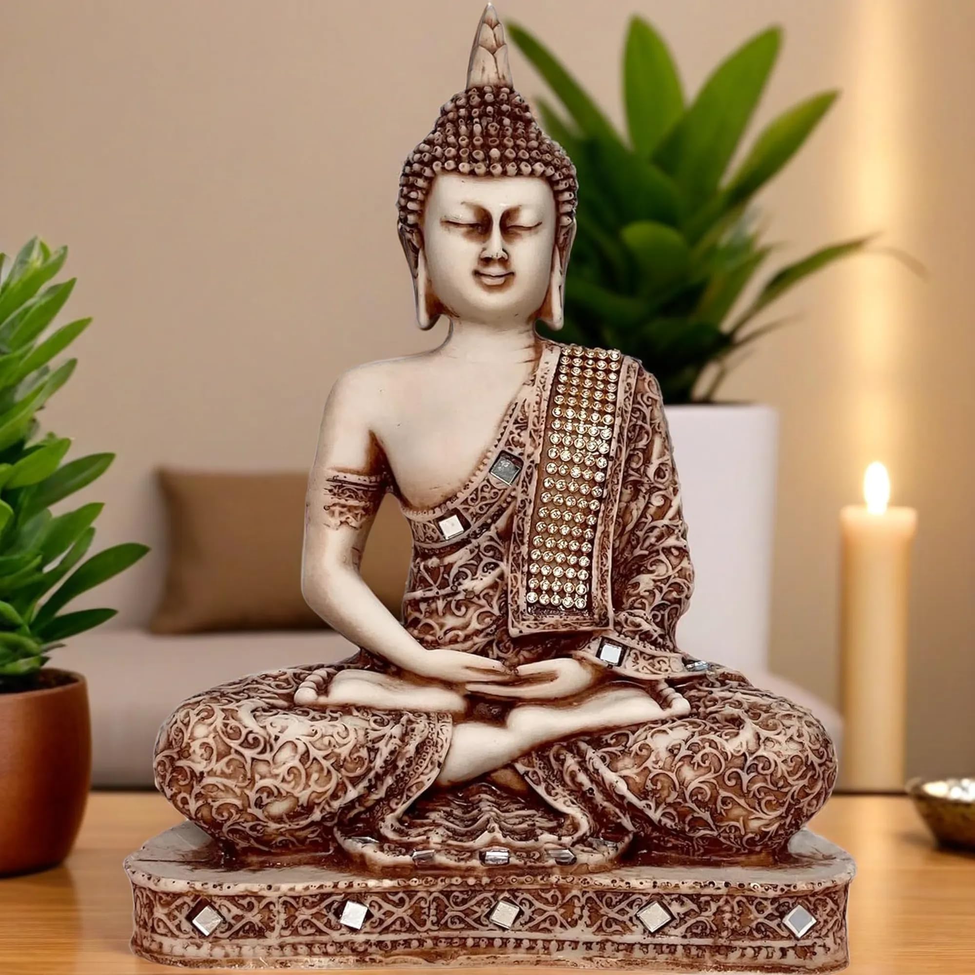 Polyresin Sitting Buddha Idol Statue Showpiece for Home Decor Decoration Gift Gifting Items-STN-BS2-(00), Silver