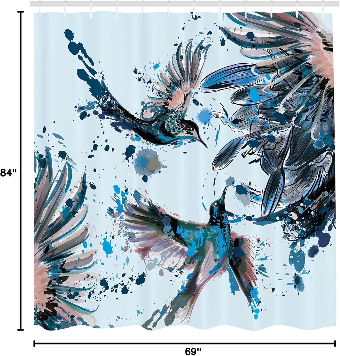 Ambesonne Hummingbird Shower Curtain, Art Lily Flowers Birds and Color Splashes in Watercolor Painting Style, Cloth Fabric Bathroom Decor Set with Hooks, 69" W x 84" L, Blue Sea