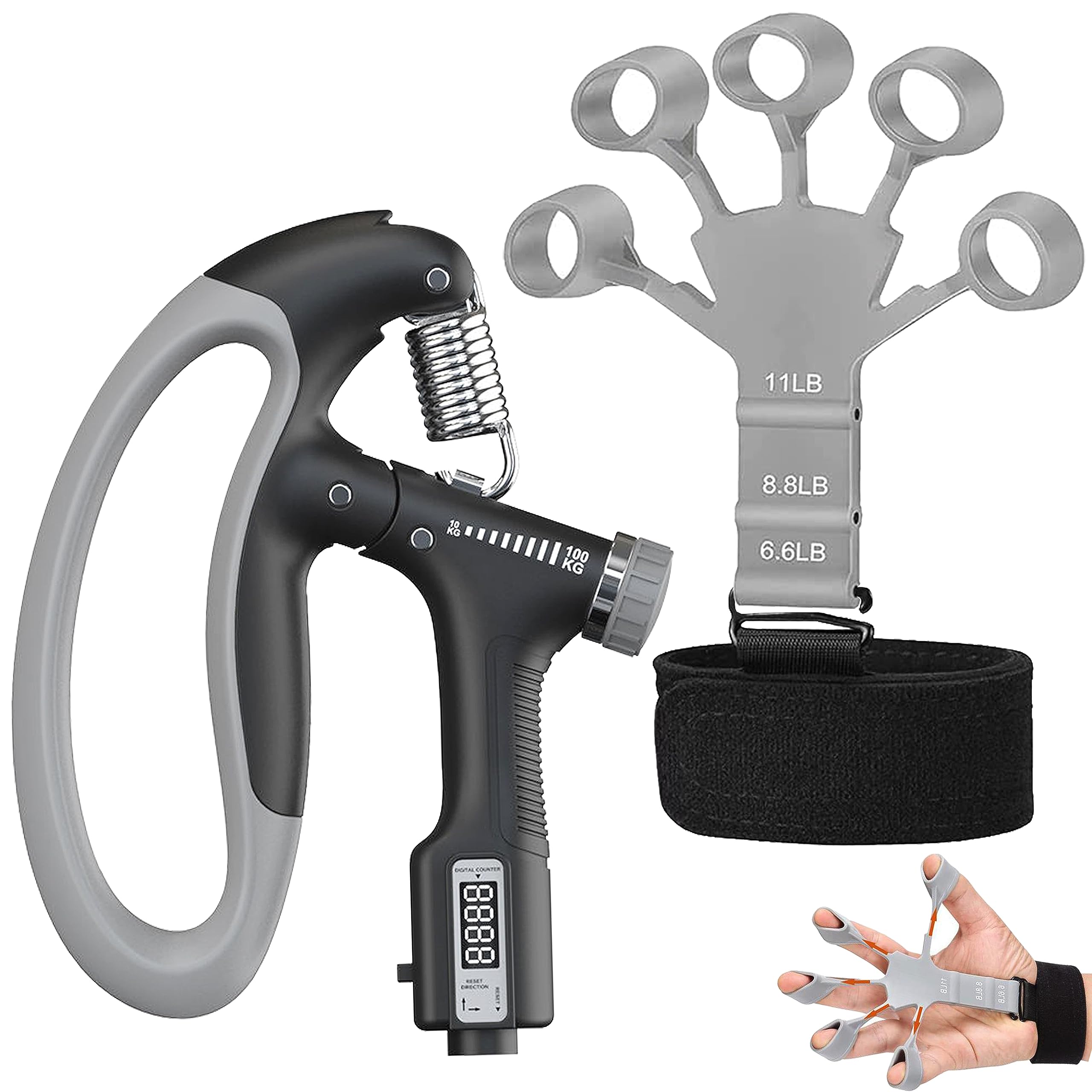 2 Pack Hand Grip Strengthener, 3 Resistant Level Grip Strength Trainer/Forearm Strengthener 10-100kg, Adjustable Finger Strengthener (Black, Grey silicone (6.6-11lb))