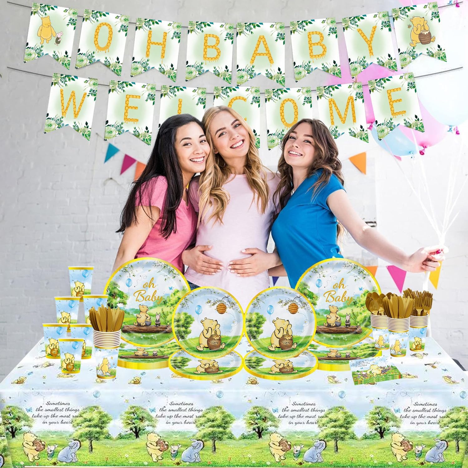 177pcs Vintage Winnie Bear Baby Shower Pooh Party Supplies Decorations Oh Baby Plates and Napkins Tableware Set for Boys Girls Newborn Kids Cups Tablecloth Banner Birthday Decorations for 25 Guests