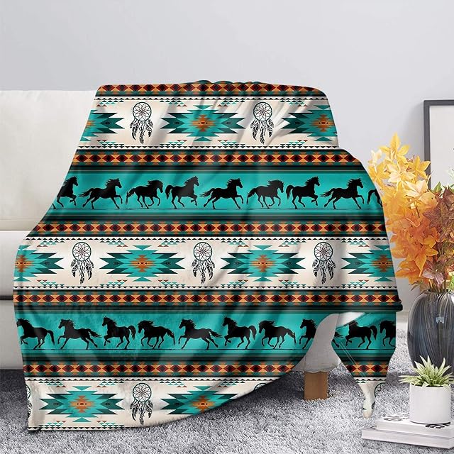 COEQINE Turquoise Blankets for Couch Tribal Horse Pattern Throw Blankets for Bedroom Soft Cozy Warm Blanket and Throws for Women Men Boys Girls