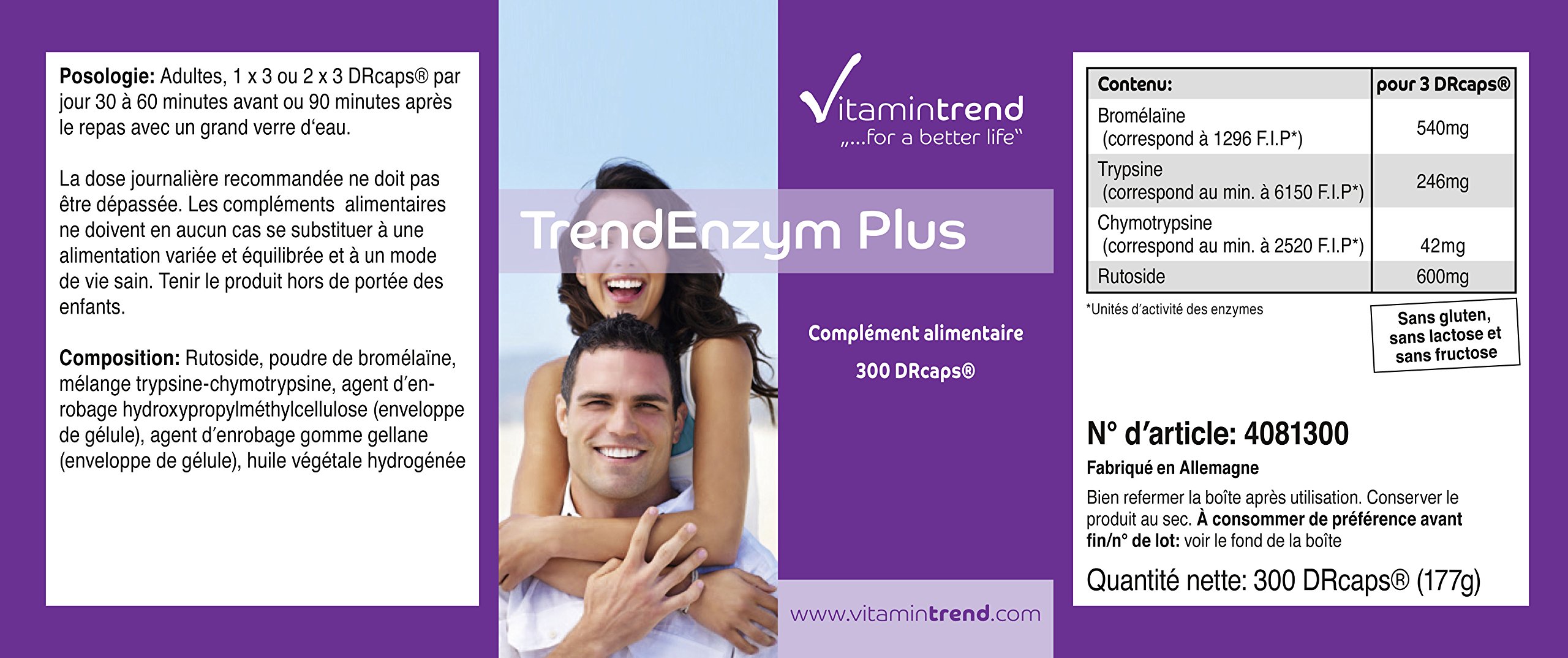 Vitamintrend Complexe enzymatique 300 gélules gastro-résistantes, avec bromélaïne, trypsine, chymotrypsine et rutoside, complément alimentaire végan sans additifs, fabriqué en Allemagne