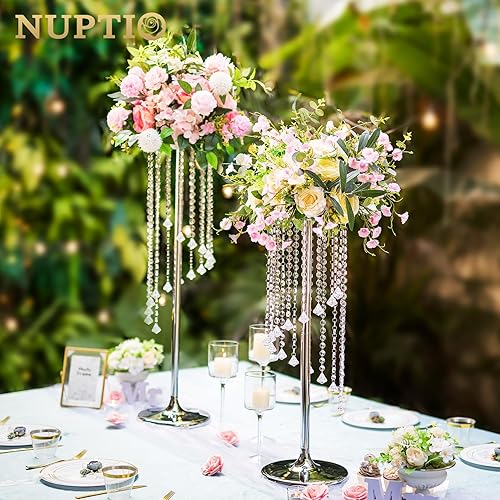 Miniatura 7 de Nuptio 2 centros de mesa de boda de 27.6 pulgadas de alto, jarrones plateados, jarrón de flores de cristal, soporte de flores de metal para