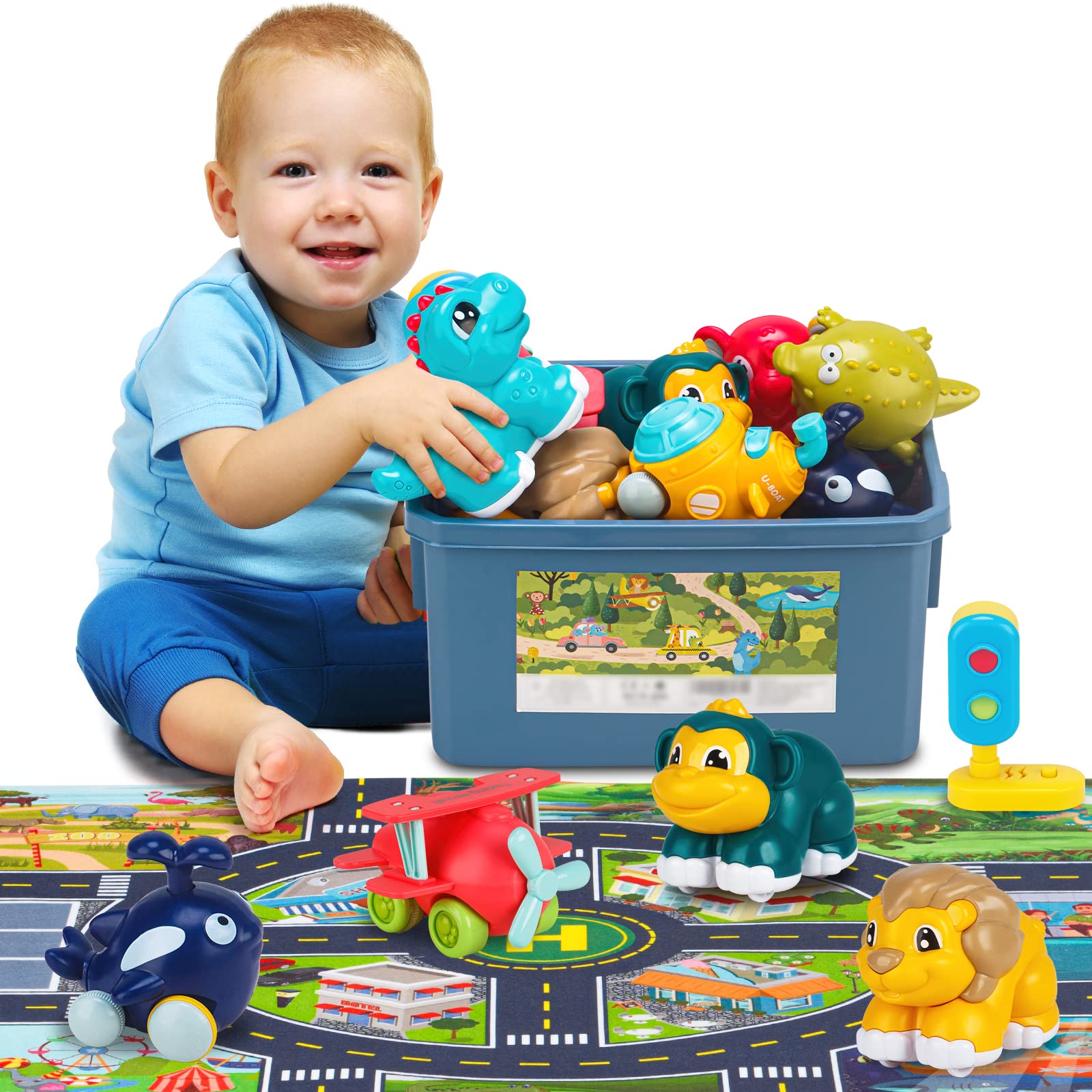 ALASOU 9 Sets Animal Car Toys with Playmat/Storage Box|Baby Toys 12-18 Months|Toys for 1 2 3 Year Old Boy|1st Birthday Gifts for Infant Toddlers