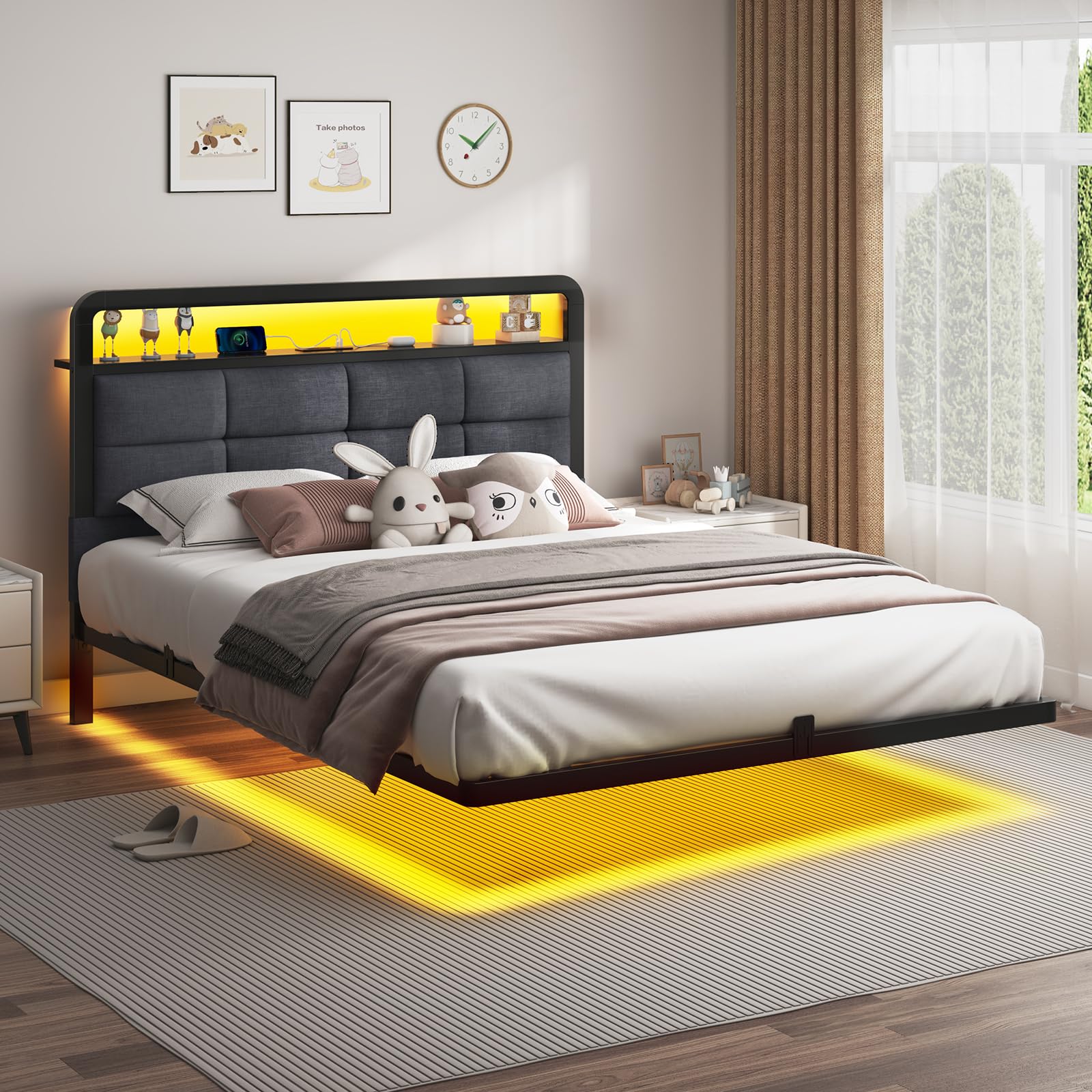 Brinlawb Full Floating Bed Frame with Charging Station and LED Lights, Upholstered Headboard with Storage, Full Size Metal Bed Frame with Heavy Duty Steel Slats, No Box Spring Needed, Easy Assembly: Black & Grey Full