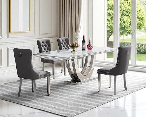 Miniatura 80 de Juego de mesa de comedor de mármol sintético, 7 piezas, juego de mesa de cocina y comedor para 6, mesa de comedor rectangular blanca de 70 pulgadas