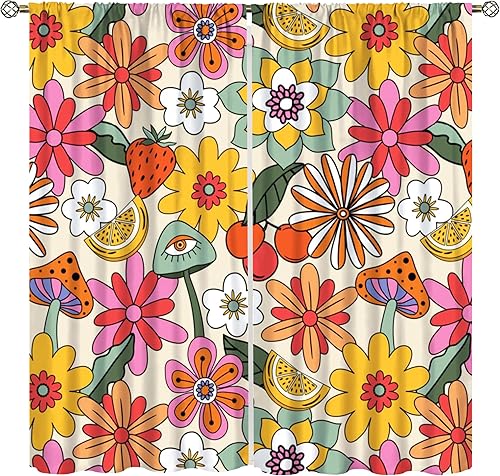 Miniatura 7 de Cortinas florales retro de los años 70 con patrón de margaritas naranjas de mediados de siglo, con bolsillo para barra, cortina para sala de estar y