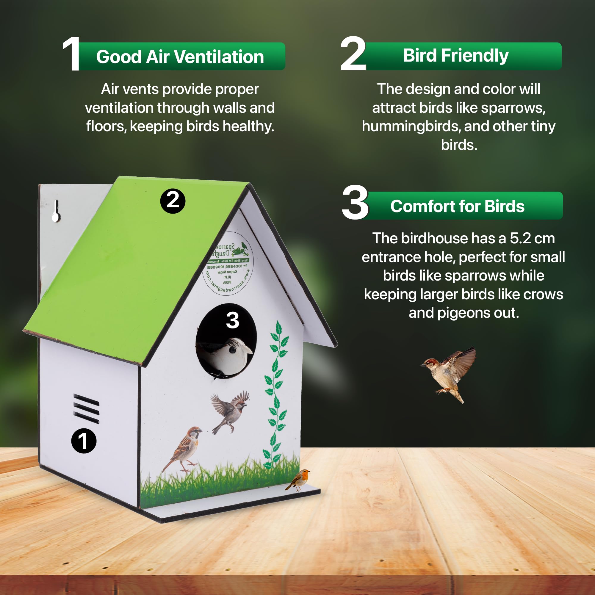 Sparrow daughter MDF Printed Bird House nest for Balcony & Garden Hanging Made with Russian Wood Designed for Love Birds, Sparrow, Hummingbird, Kingfisher (Light Green Color) 1