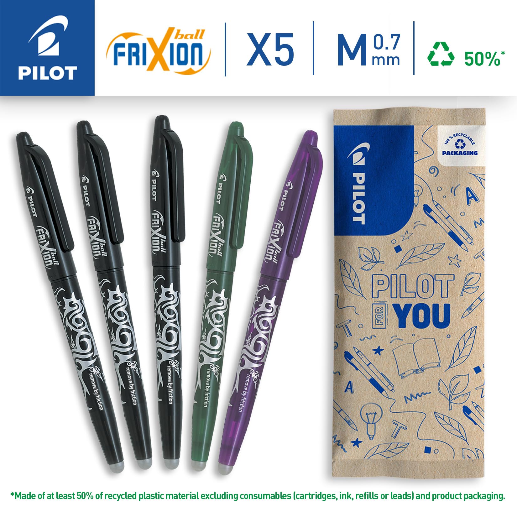 PILOT - Set of 5 FriXion Ball 07 - Erasable Thermosensitive Ink Pen - Refillable Roller Pen - 3 Black, 1 Green, 1 Purple - Medium Tip - Image 2