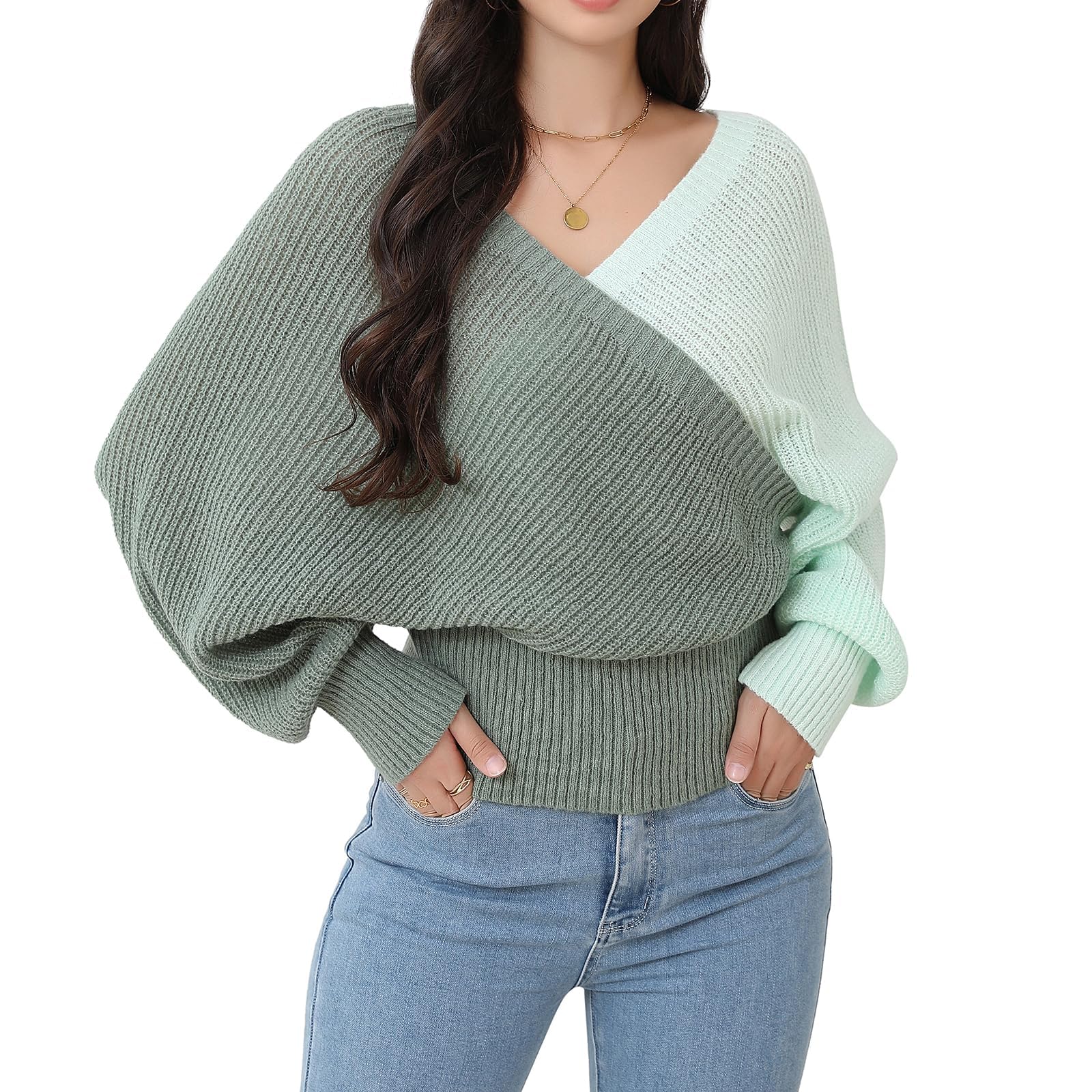 Womens Wrap V Neck Knit Sweaters Batwing Long Sleeve Cross Front Drop Shoulder Fall Pullover Tops