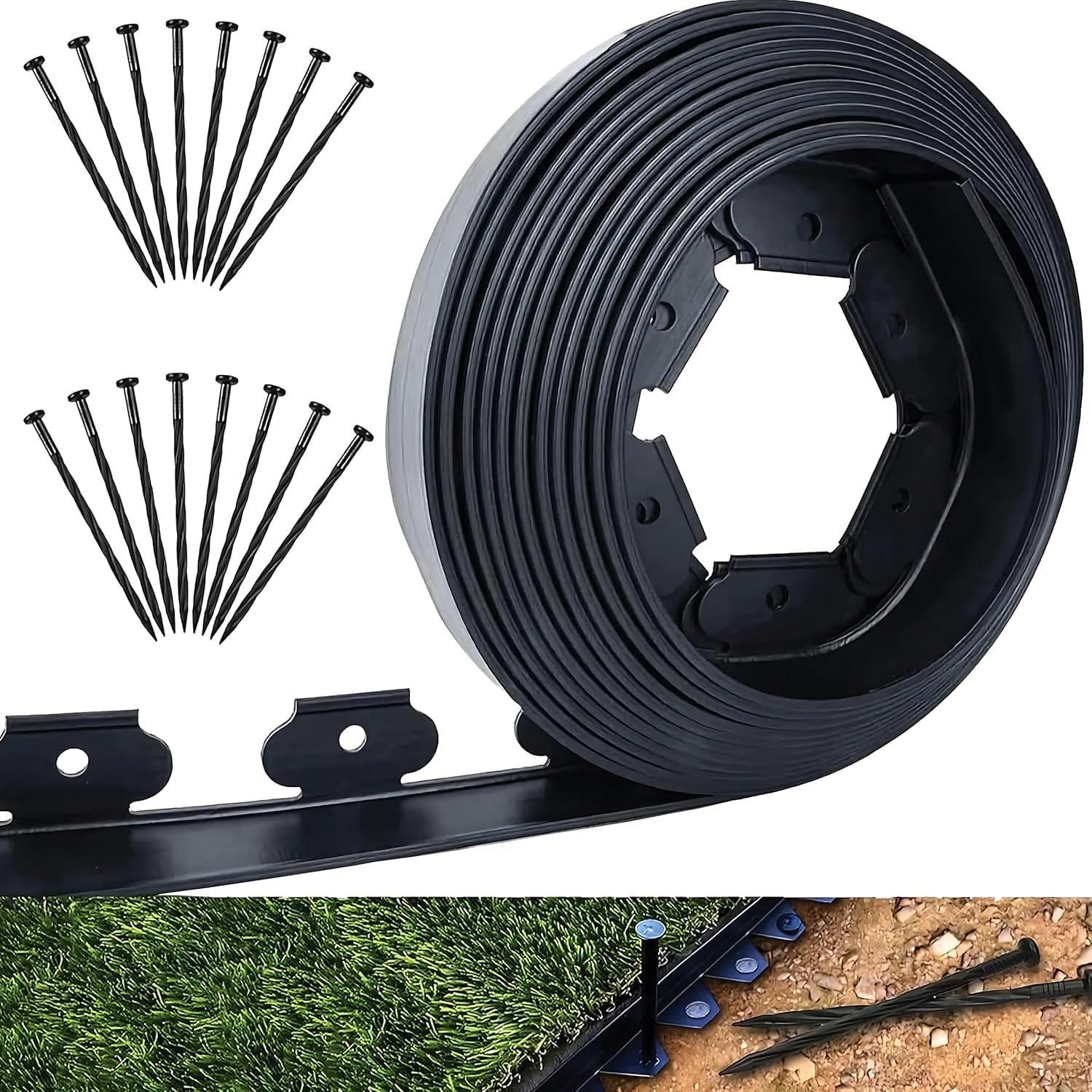 H&F Heimtextilien 3er Set Rasenkante Kunststoff Schwarz - Gesamtlänge 60 m (3×20 m) - 5 cm hoch, 5 cm tief - inkl. 180 Erdanker