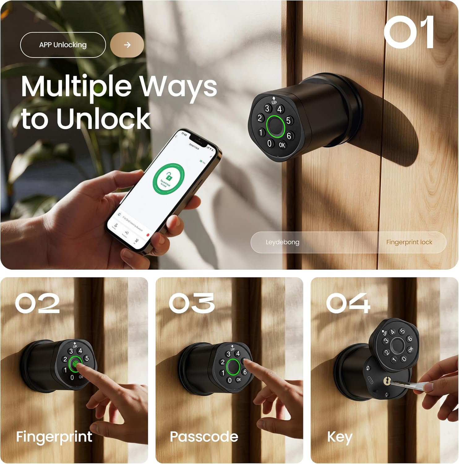 Leydebong 4-in-1 Smart Door Lock with Fingerprint and Keypad - Keyless Entry Electronic Lock with App and Mechanical Key - Easy Installation Smart Door Knob for Home Office Bedroom & Apartment