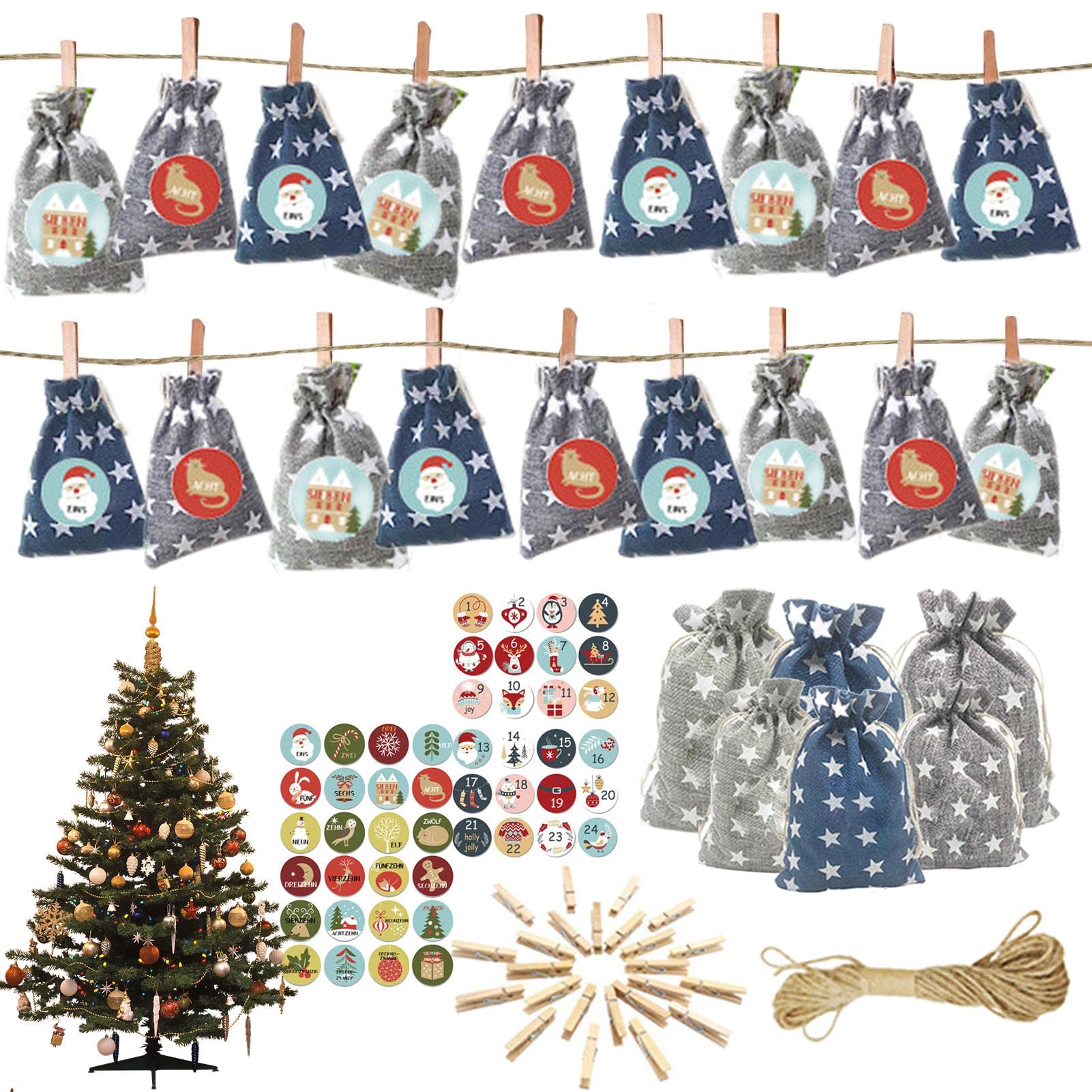 FowybeAdvent Calendar Bags 2022-24 Days Hanging Advent Calendars Gift Bags - Christmas Countdown Calendar Hanging Candy Bags for Wall Holiday Christmas Party Decorations