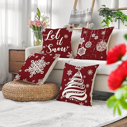 Fundas de almohada navideñas de 18 pulgadas, 4 piezas, decoración navideña festiva roja (4 piezas mezcladas)