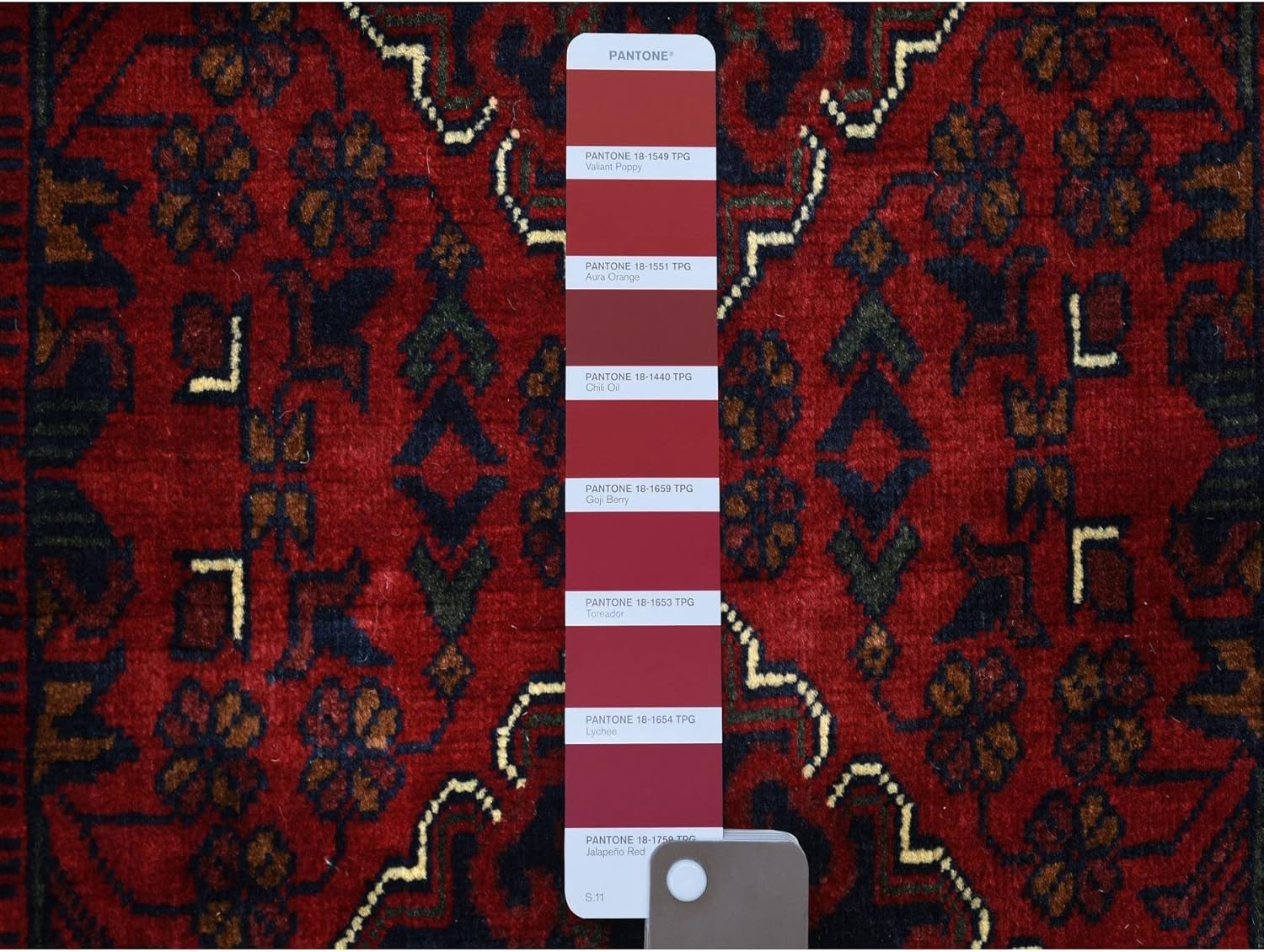 Deep and Saturated Red with Touches of Navy Blue Afghan Khamyab with Geometric Medallions Design Soft and Velvety Wool Hand Knotted Runner Oriental Rug (2'7"x13')