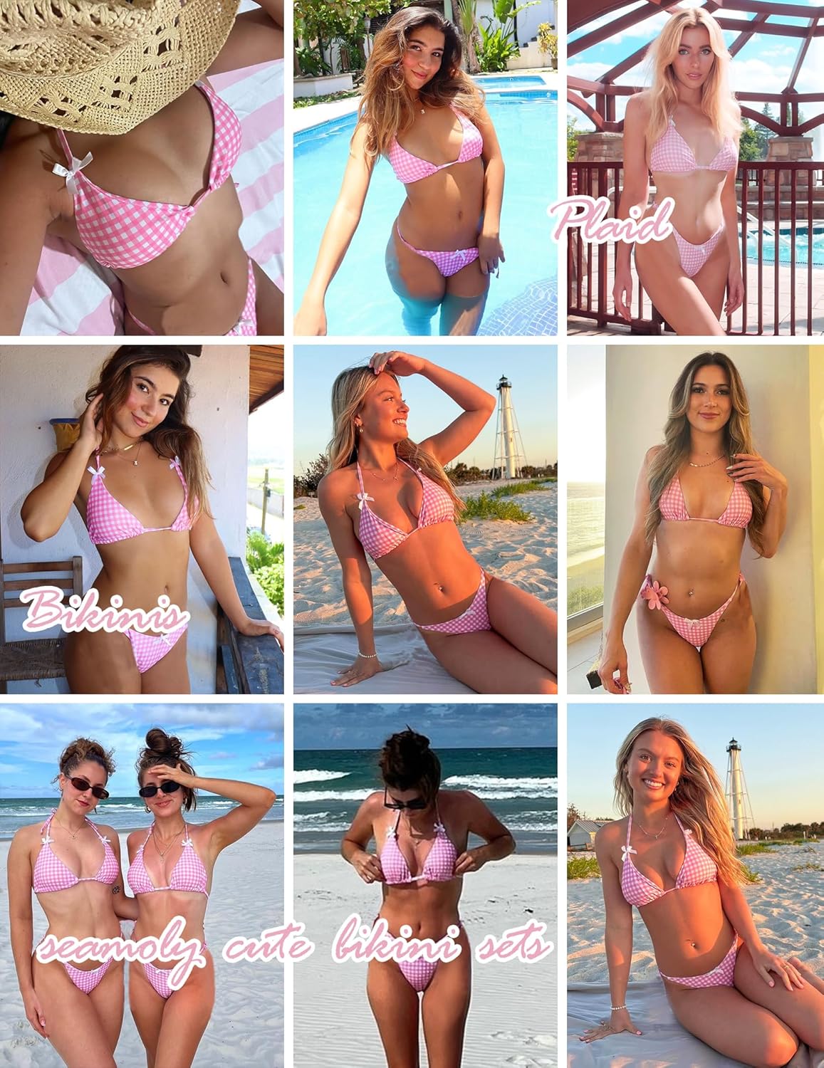 seamoly Women's Bikini Sets Tie Back Bowknot Two Piece Swimsuits Triangle Thong Bathing Suit Gingham Floral Cherry Printing - Image 5