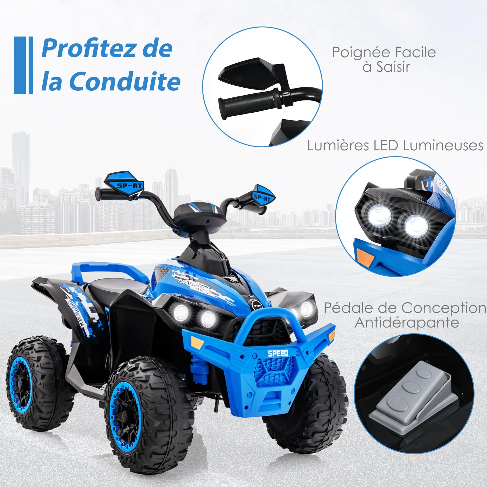COSTWAY 12V Quad Électrique Enfant avec Musique et Lumières LED, Voiture Électrique Enfants avec Klaxon et Pédale, Démarrage Lent, 2 Vitesses 2,2-4,3 km/h, Charge 35kg pour 3-8 Ans (Bleu)
