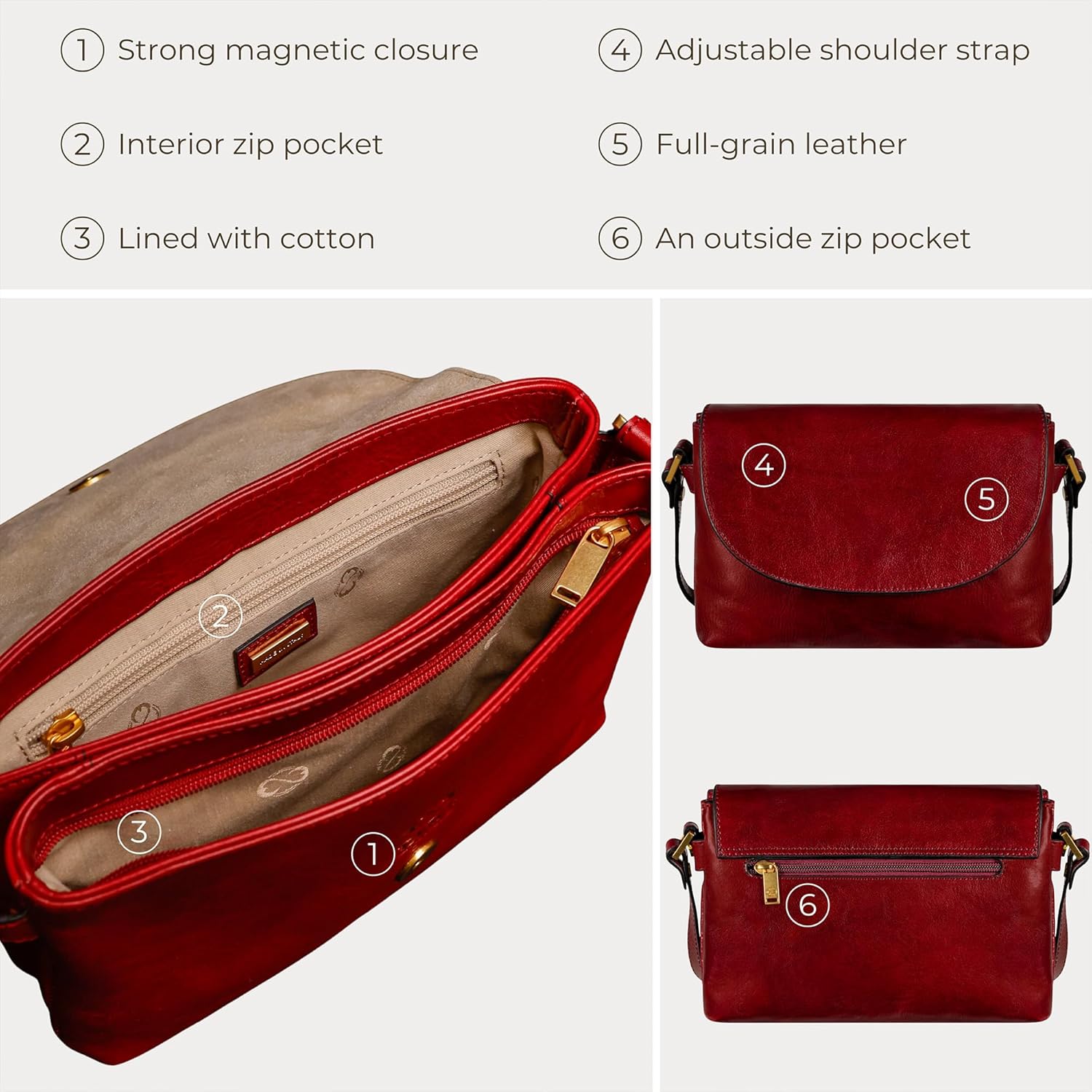 Time Resistance Leather Cross Body Bag for Women - Handbag - Shoulder Bag - Messenger - Purse | Leather - Image 6