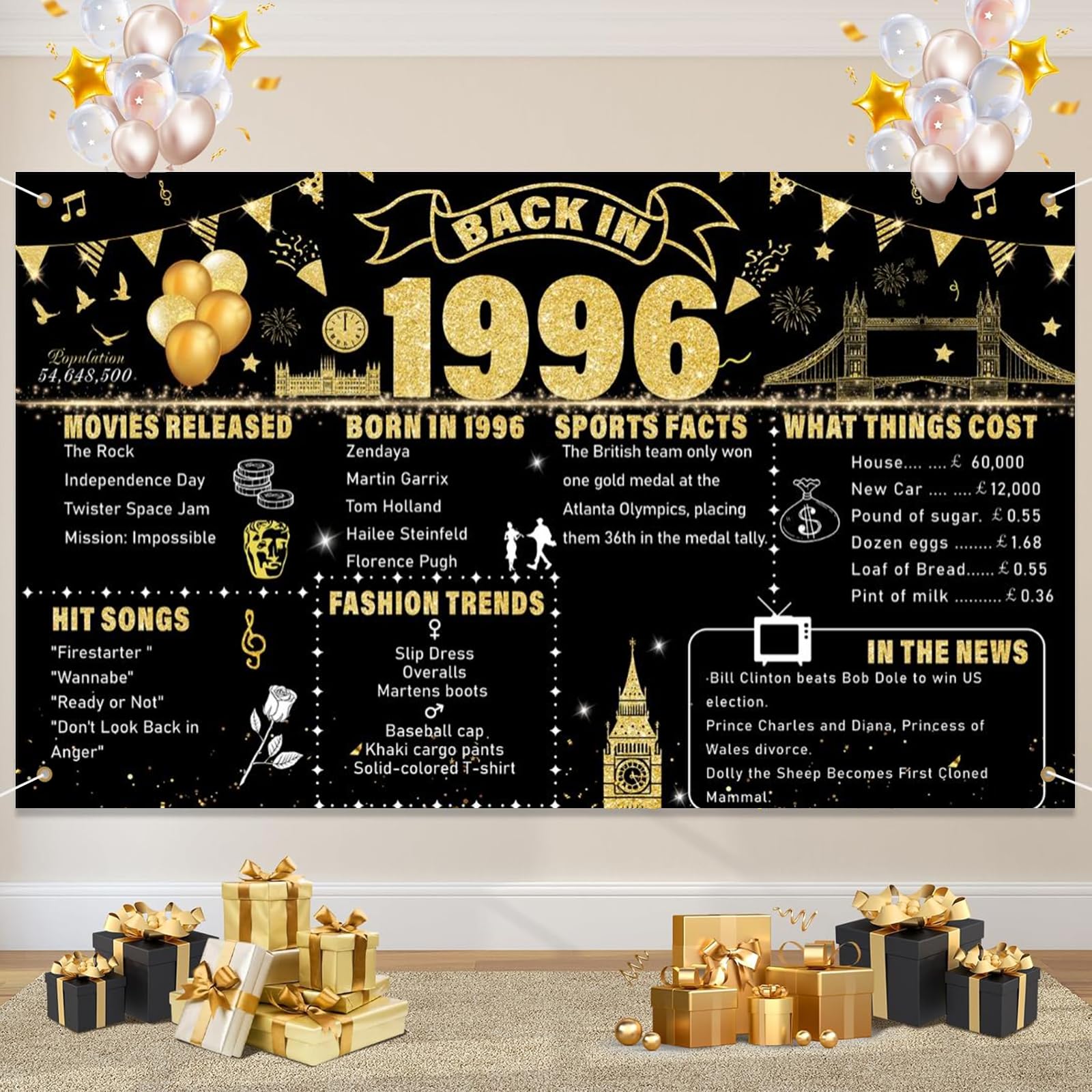 30th Birthday Banner Decorations for Men Women Born in 1996 Backdrop Black Gold Happy 30 Years Old Anniversary Party Photo Booth Decor Cheers to 30 Years Banners