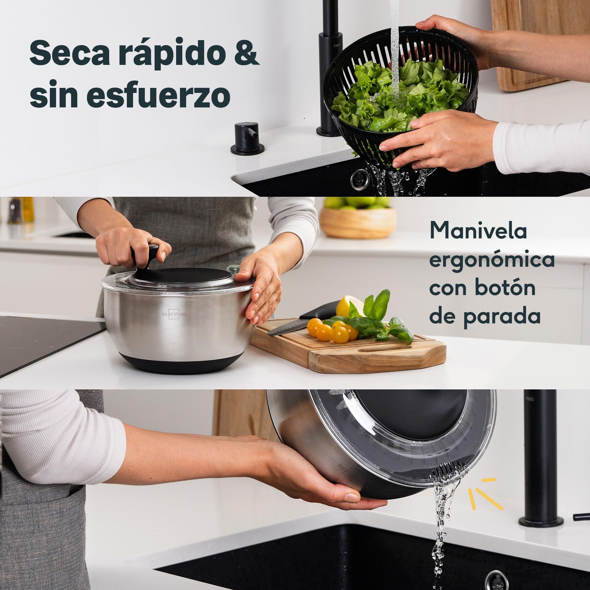 SILBERTHAL Centrifugadora ensalada acero Inoxidable 4,5L - Escurridor lechuga grande - Antideslizante