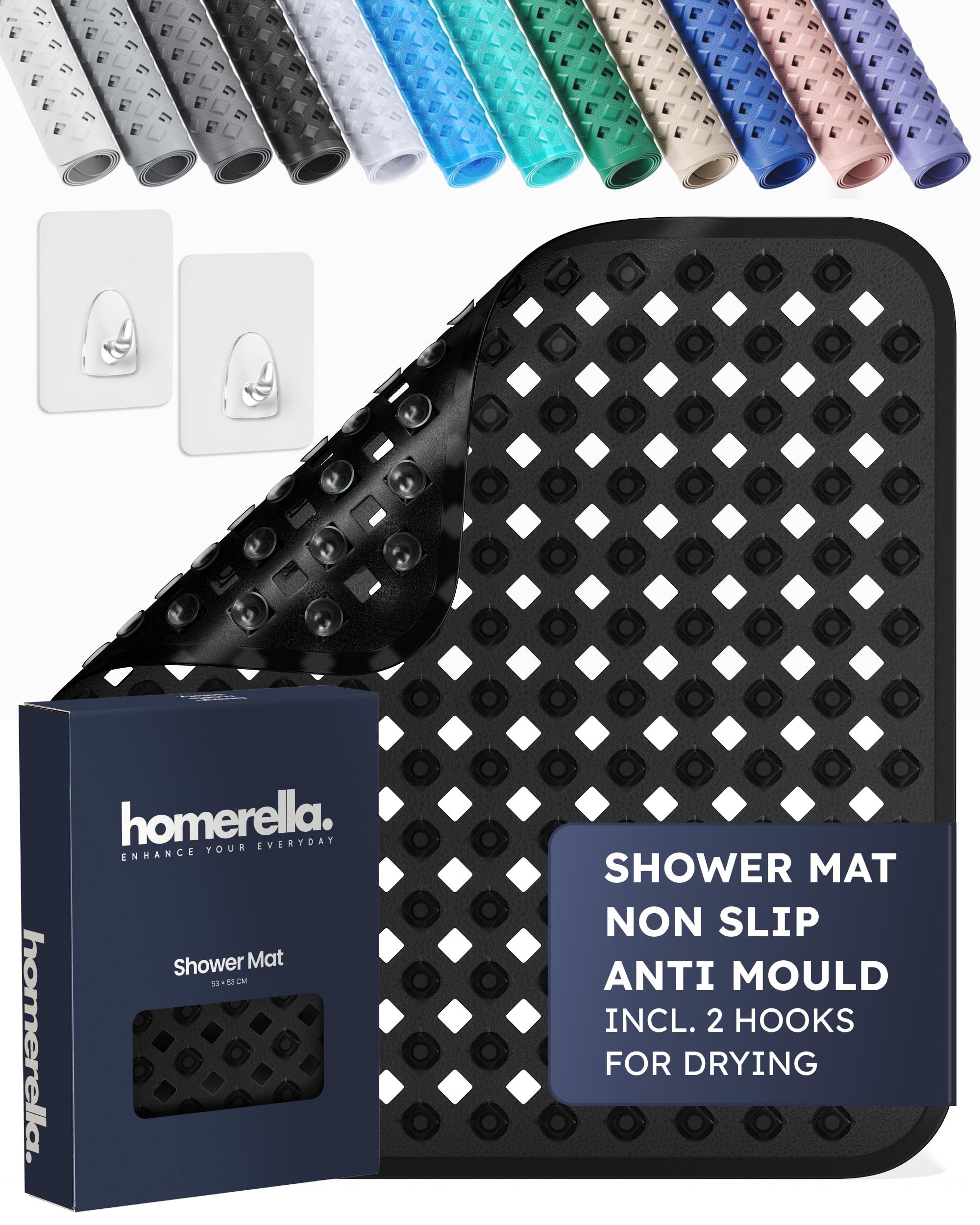 Homerella Girls Black Homerella® Shower Mat Non Slip Anti Mould 53 X 53 Cm, Incl. Hooks For Drying, Bath Mat Non Slip Anti Mould, Shower Mats For Inside Shower, Bpa-Free And Machine Washable For Children And Elderly