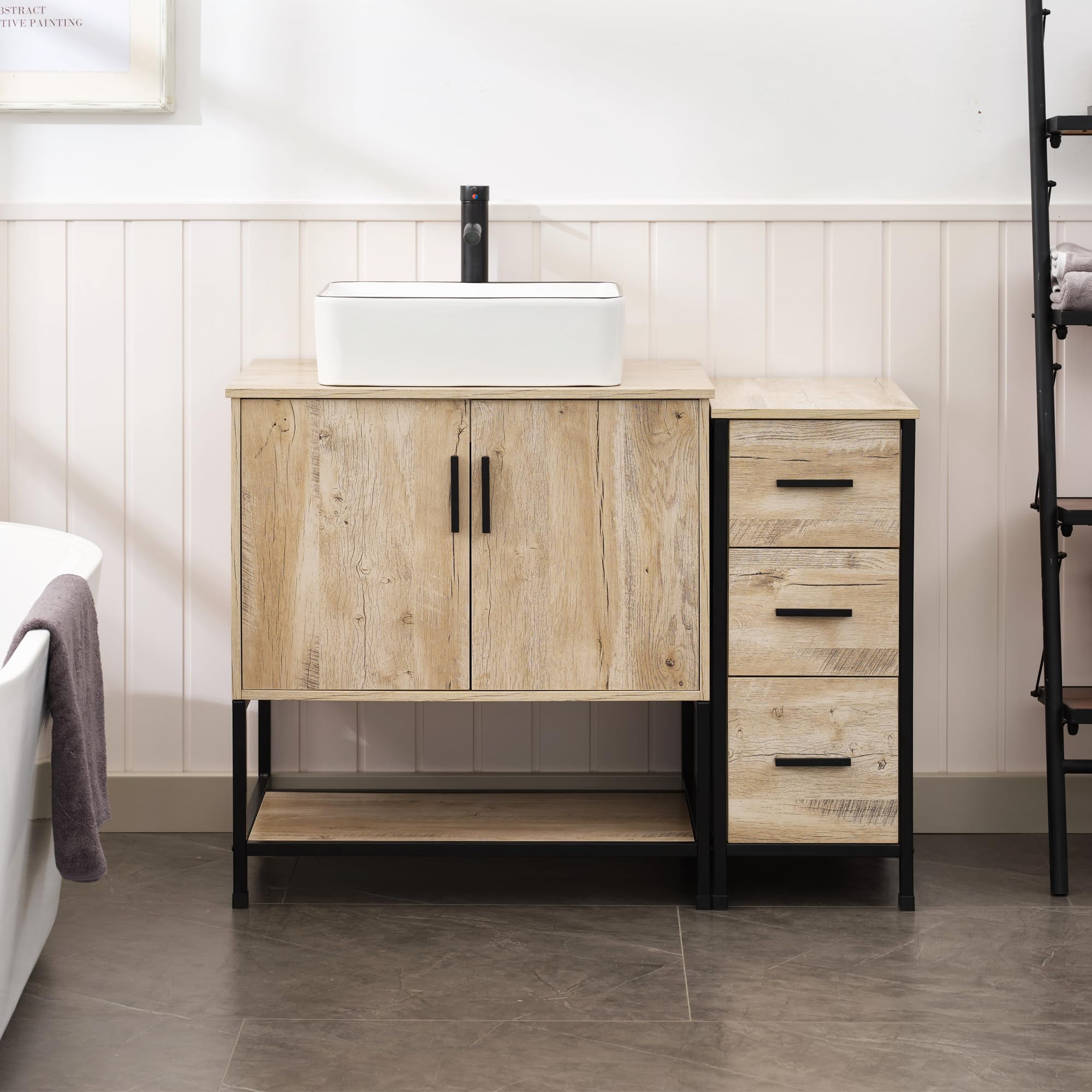 UEV 42" Rustic Oak Bathroom Vanity with Sink Combo,Industrial Iron Frame Bathroom Cabinet Sets with 3 Drawers Side Cabinet,Modern Artistic Ceramic