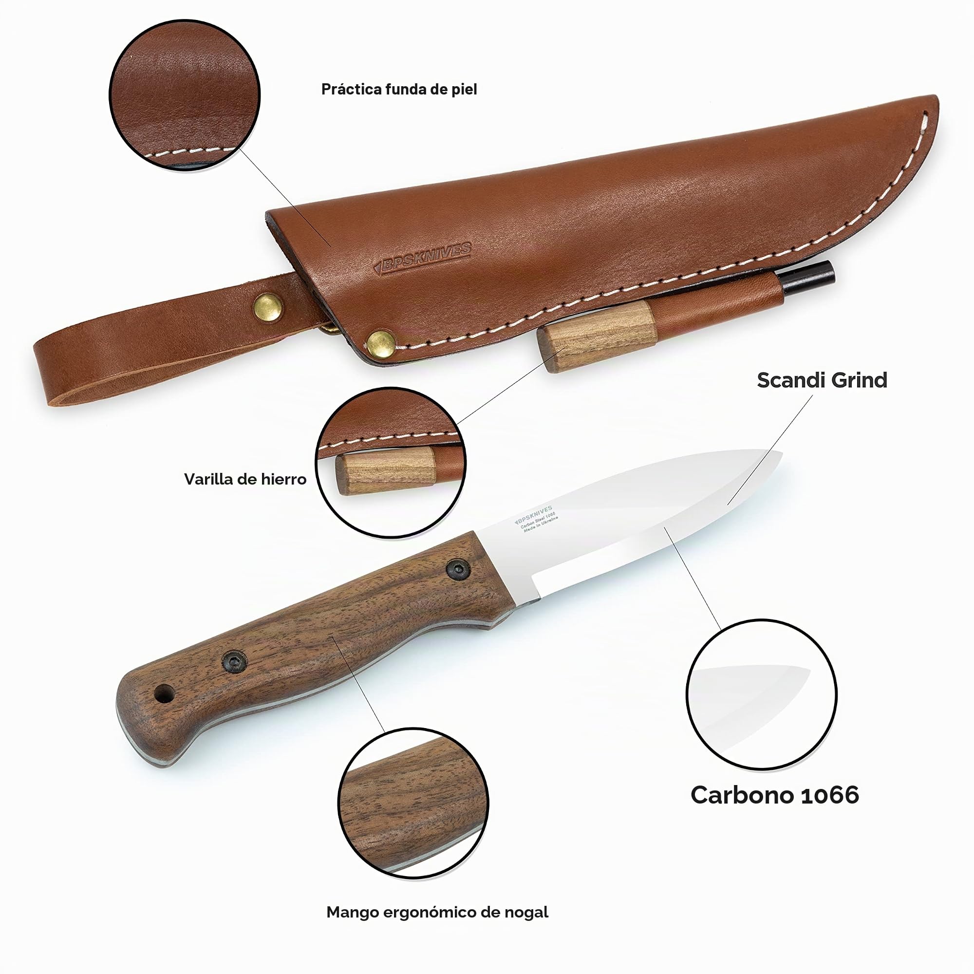 BPSKNIVES B1 CSHF - Cuchillo de Hoja Fija para Bushcraft con Funda de Cuero y Varilla de Ferrocerio - Cuchillo de Camping de Acero al Carbono y Mango Completo Hecho a Mano