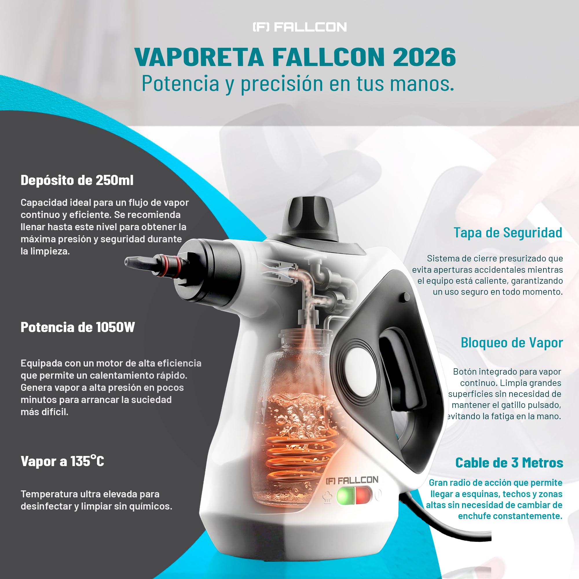 Vaporeta Limpieza Hogar 1050W – Vaporeta de Mano Potente Modelo MEJORADO 2026 con 12 Accesorios y Bolsa | Limpiador a Vapor Alta Presión 135°C sin Químicos para Cocina, Baño, Juntas y Ventanas
