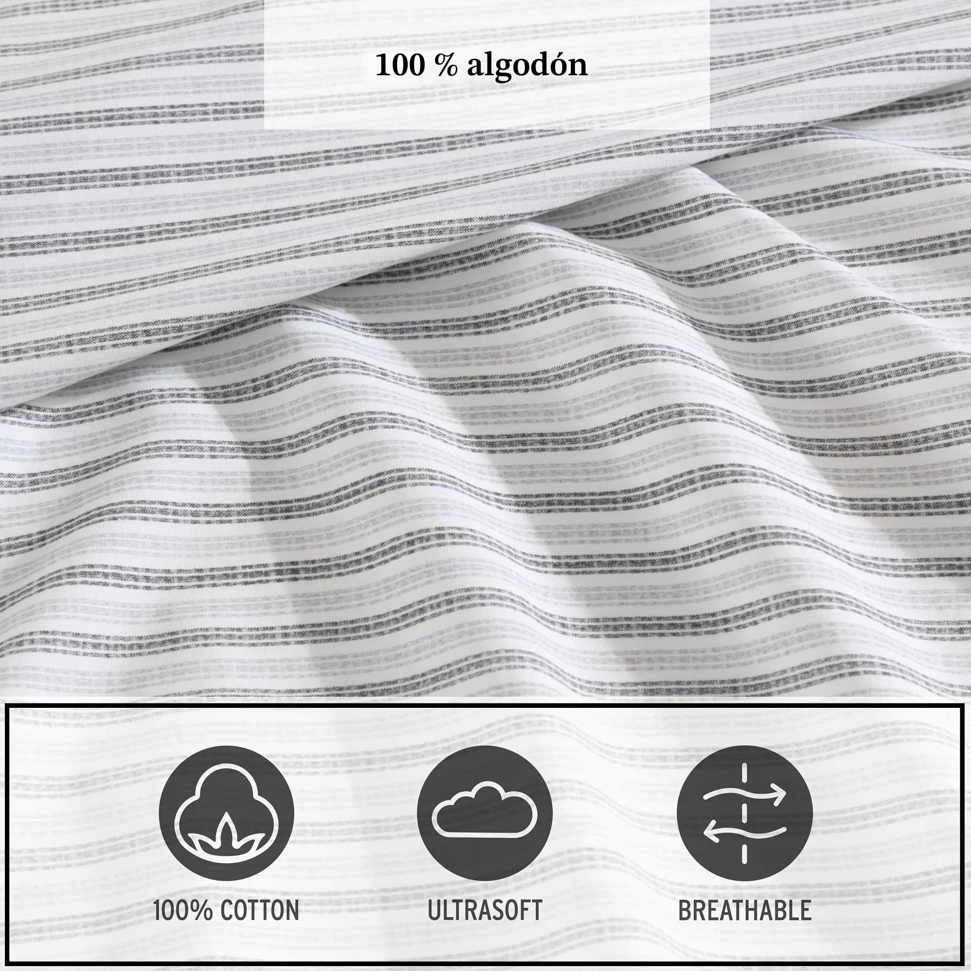 Eddie Bauer - Juego de sábanas tamaño Queen, Juego de Ropa de Cama de percal de algodón, súper Suave y Acogedor, decoración del hogar, Certificado Oeko-Tex (Ticking Stripe Grey, Queen)