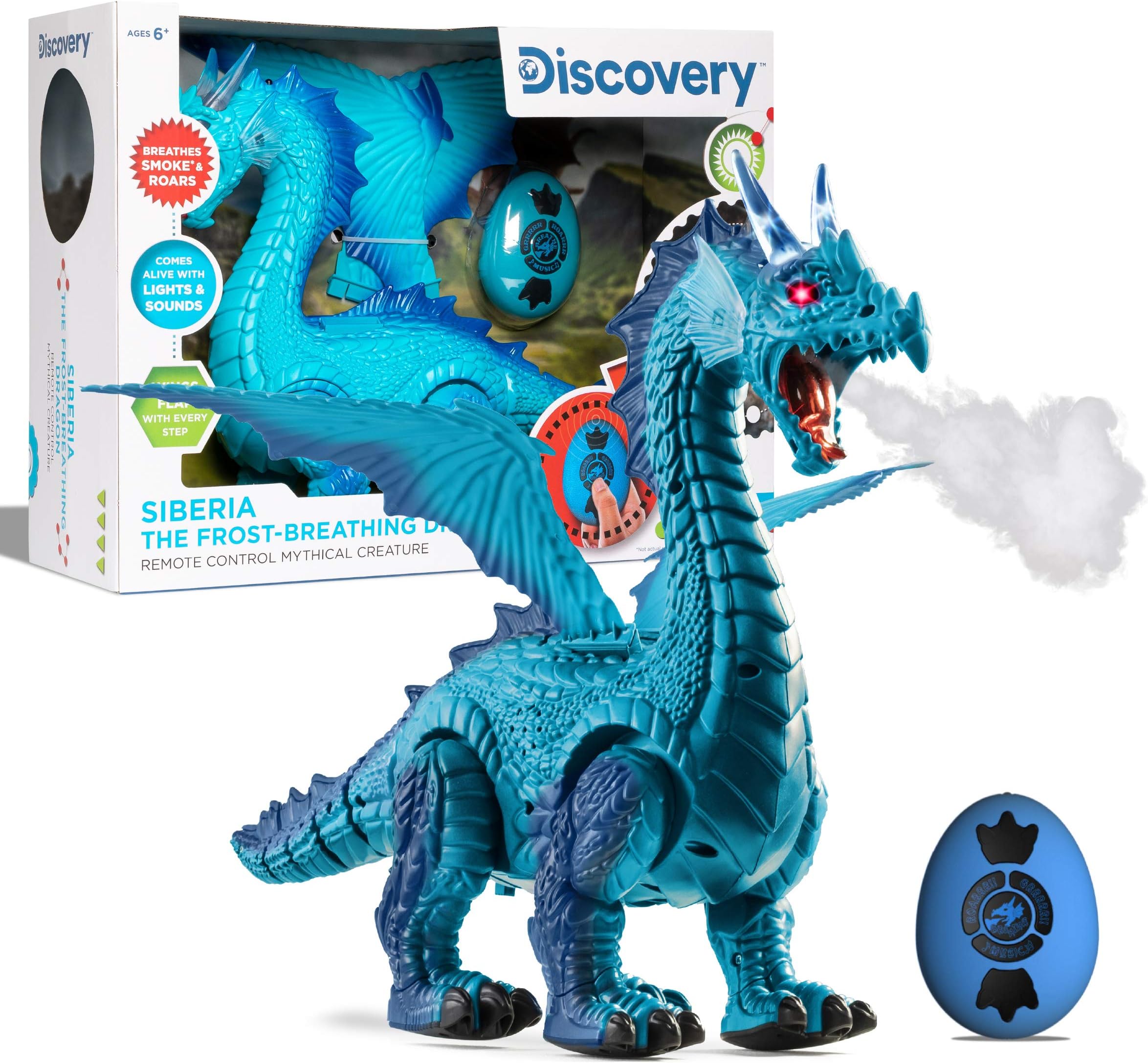 Discovery Frost-Breathing RC Dragon with Smoke Breath, Walking, Wing Flapping, Realistic Roaring Sounds| Light-Up Large Dinosaur Toy| Remote Control Robot Dino Mythical Creature|Kids Boys Gift| Age 6+
