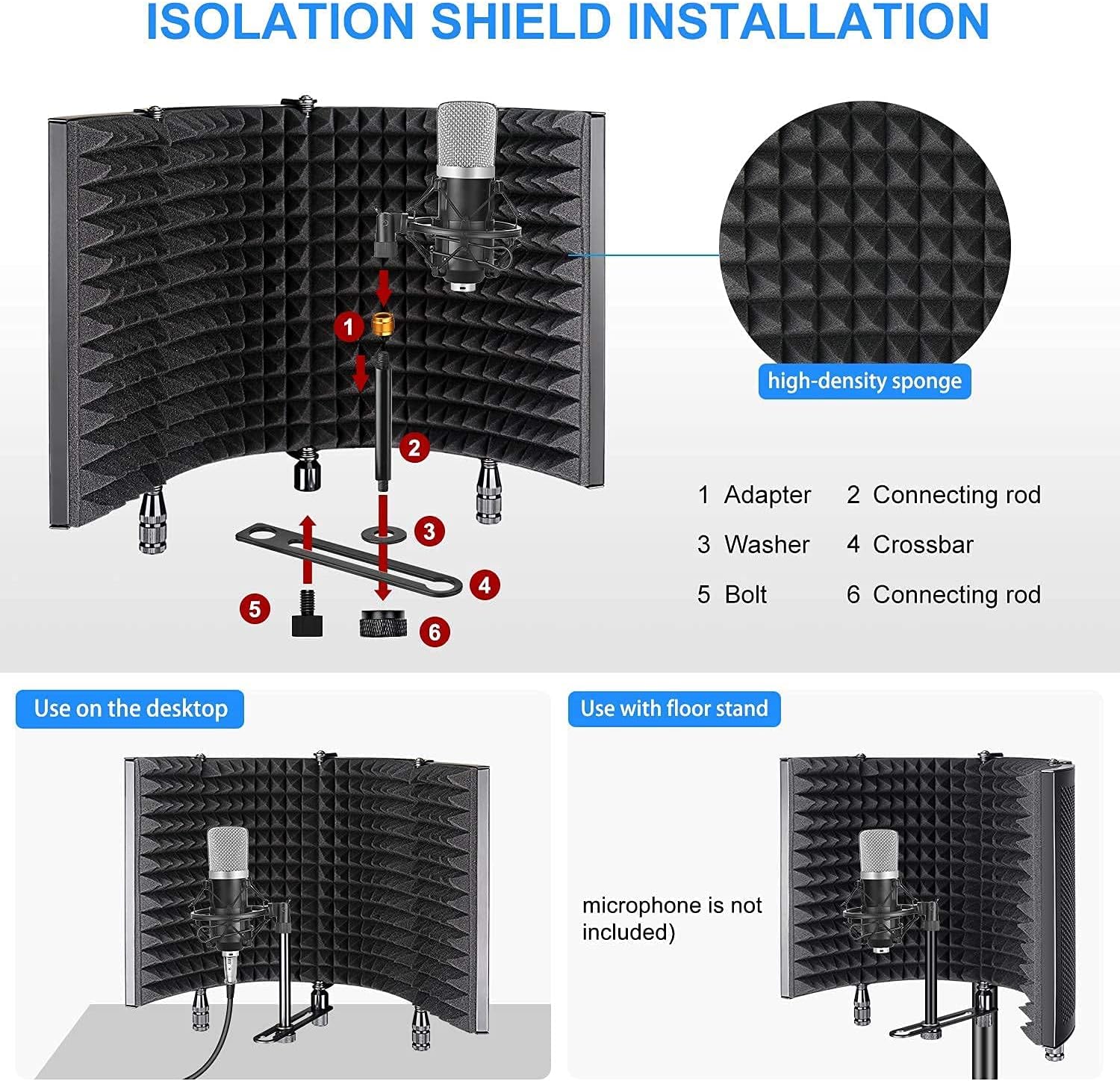 Isolation Shield With Pop Filter,Aokeo Studio Recording Microphone Isolation Shield,High density absorbent foam is used to filter vocal. Suitable for Blue Yeti and other condenser microphones