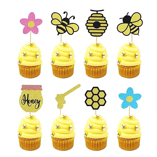 Arthsdite 24 adornos para cupcakes de abejorros con flores de miel, panal, abeja, cupcakes, decoración de pasteles para baby shower, temática de