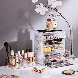 Sorbus Acrylic Makeup Organizer Set, 6-Drawer Vanity & Countertop Cosmetic Storage with Small & Wide Compartments, Marble Print Makeup Storage for Brushes, Jewelry - Holiday Gift for Women & Teens