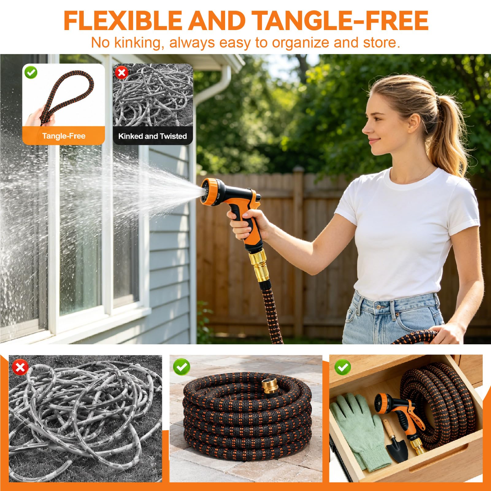 Tuyau d’Arrosage Extensible 15m Orange, 3 Couches Latex | Anti-fuite et anti-nœuds, jet 10 modes réglable, utilisation facile sans effort, arrosage multi-usage jardin voiture terrasse