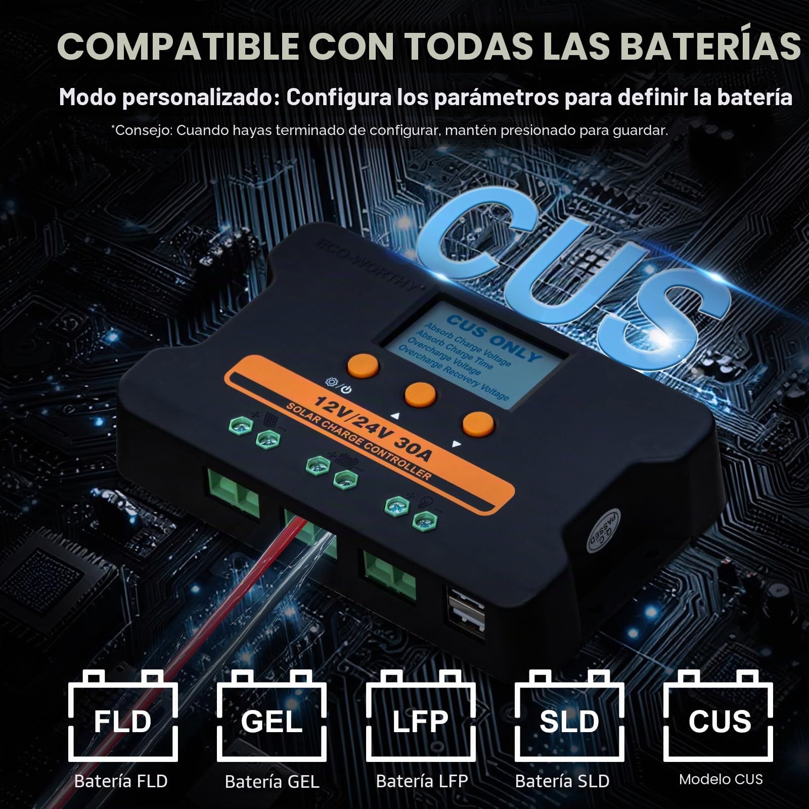ECO-WORTHY Regulador de carga solar PWM 30A, 12V/24V, controlador con puerto USB dual 5V y pantalla LCD para baterías FLD, LFP