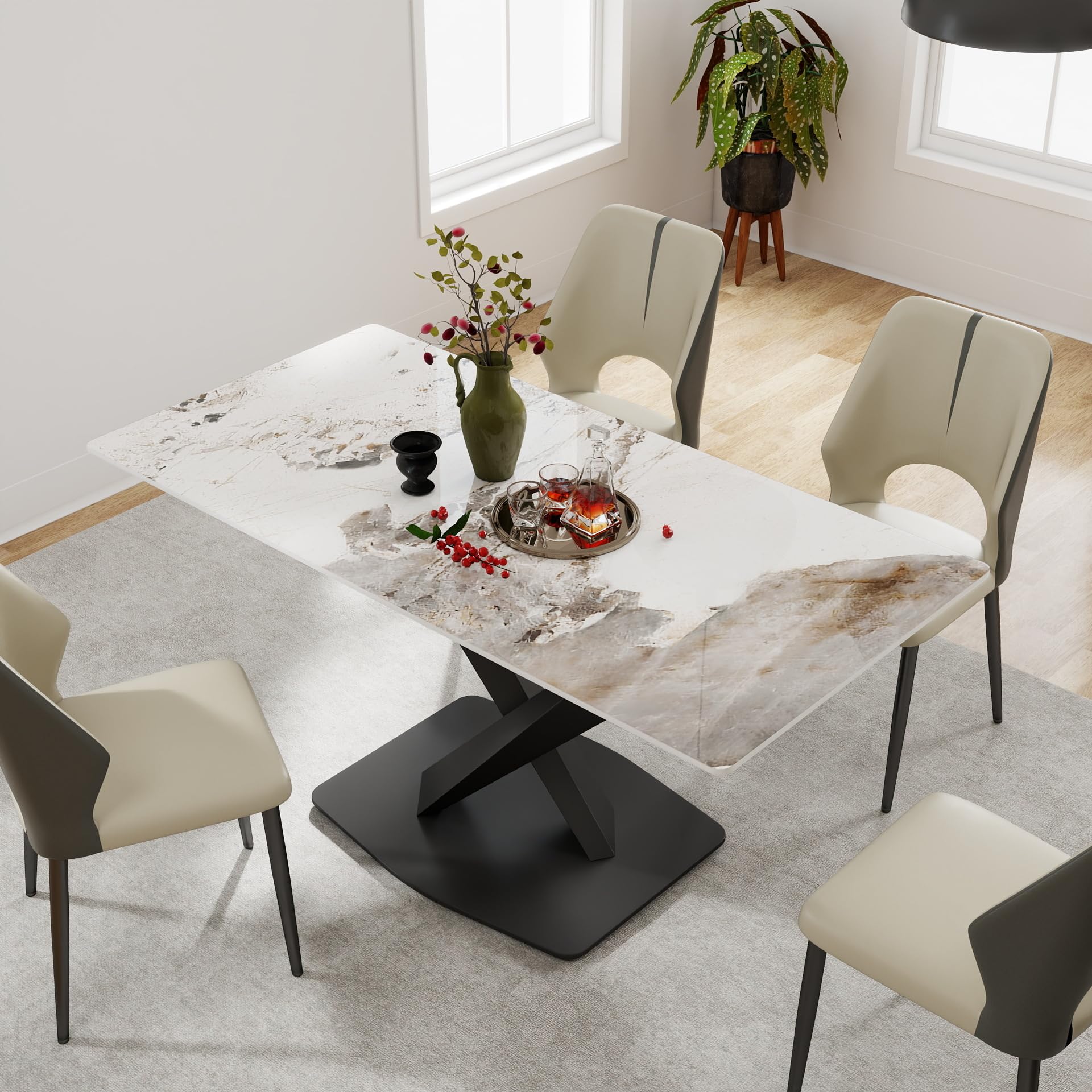 63" Modern Dining Table for 4-6 People, White Sintered Stone Table Top with X-Shape Carbon Steel Pedestal, Large Rectangular Table for Kitchen Living