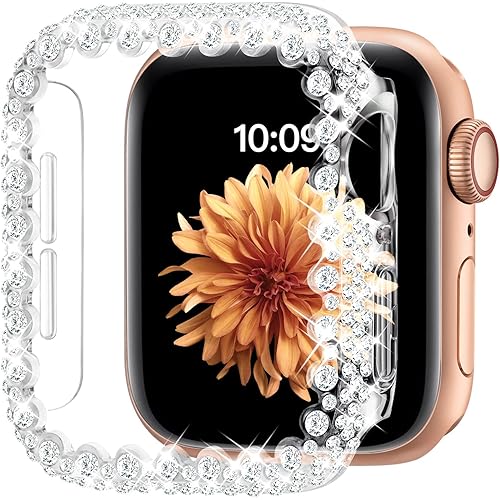 Bling Bumper Case Compatible with Apple Watch Series 6/5/4/SE/SE2 44mm, Diamond Protective Face Cover for Women, Hard PC Frame Protector for iWatch 44mm Clear