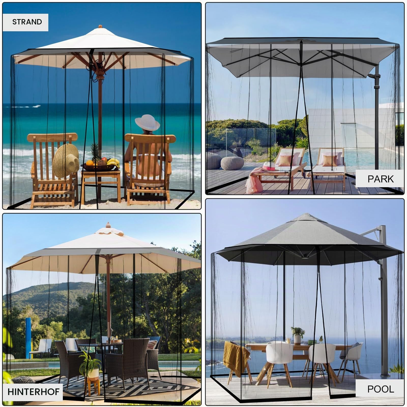 Pavillon Moskitonetz für Sonnenschirm, dellyy 300x300CM Fliegengitter Pavillon Quadrat mit Fliegengitter, für Terrassen, Decks, Rasenflächen und Balkone(Schwarz)