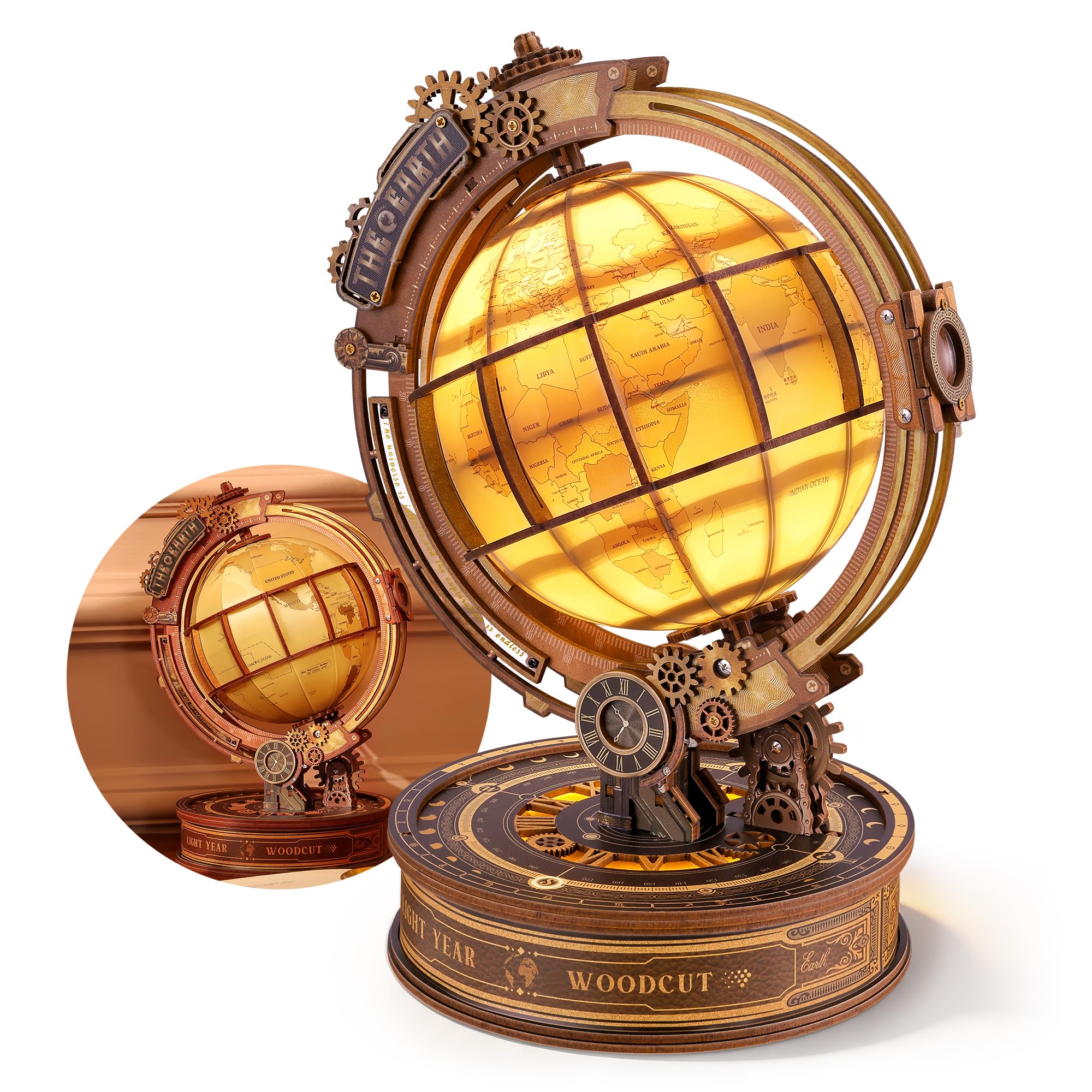 FUNPOLA 3D Holzpuzzle Star Orbit Globe, LED Steampunk Globus Bausatz mit Rotierender Weltkarte, Mechanisches DIY Modell, Vintage Deko Geschenk für Erwachsene (14+)