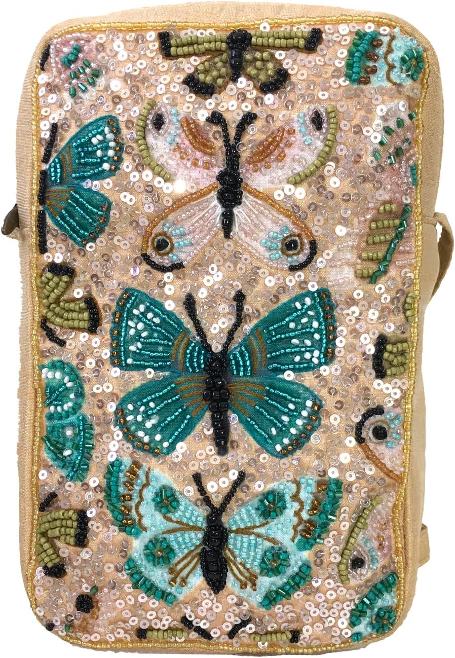BTC Women's XL Butterfly Beaded Crossbody Phone Pouch Bag, Multicolor Shimmering Flutter Design