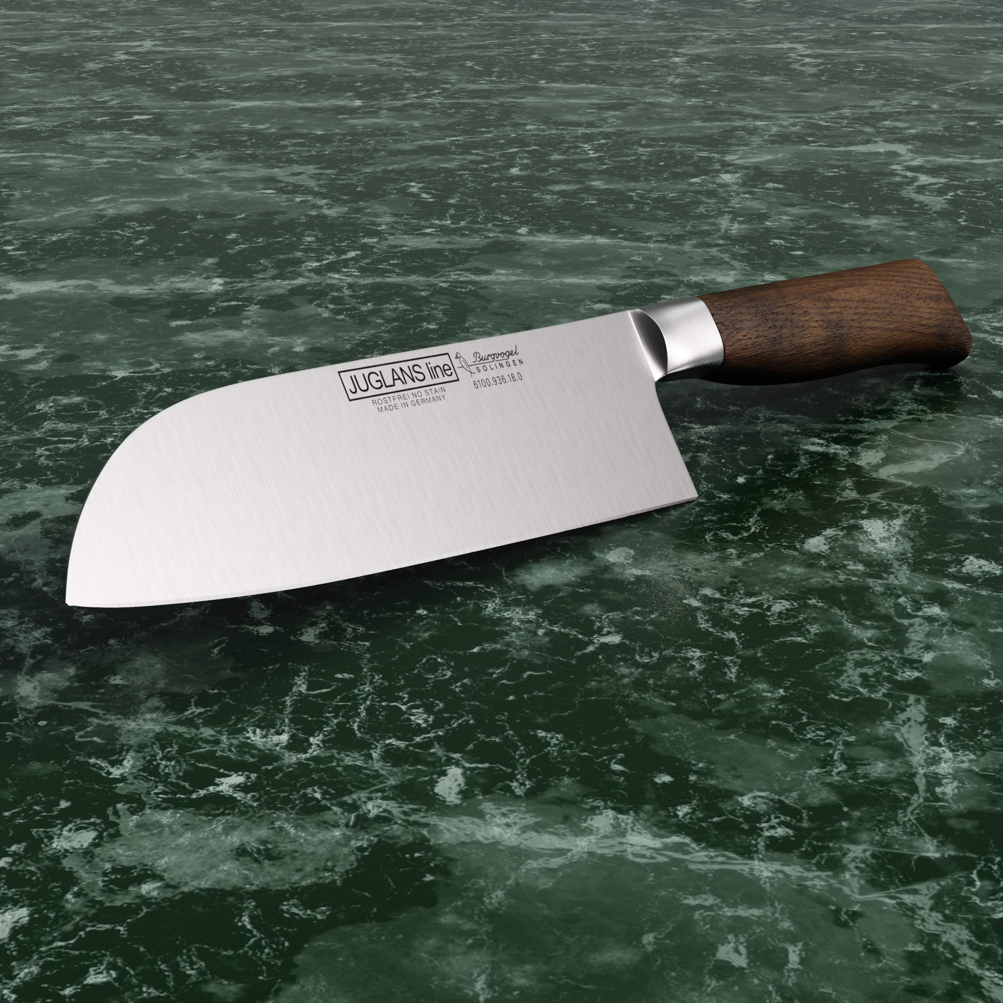 Burgvogel Solingen Juglans Line Santokumesser Walnussholz 18 cm, rostfrei, Japanisches Kochmesser scharf geschmiedet, dunkel, premium, klein, Braun Rot