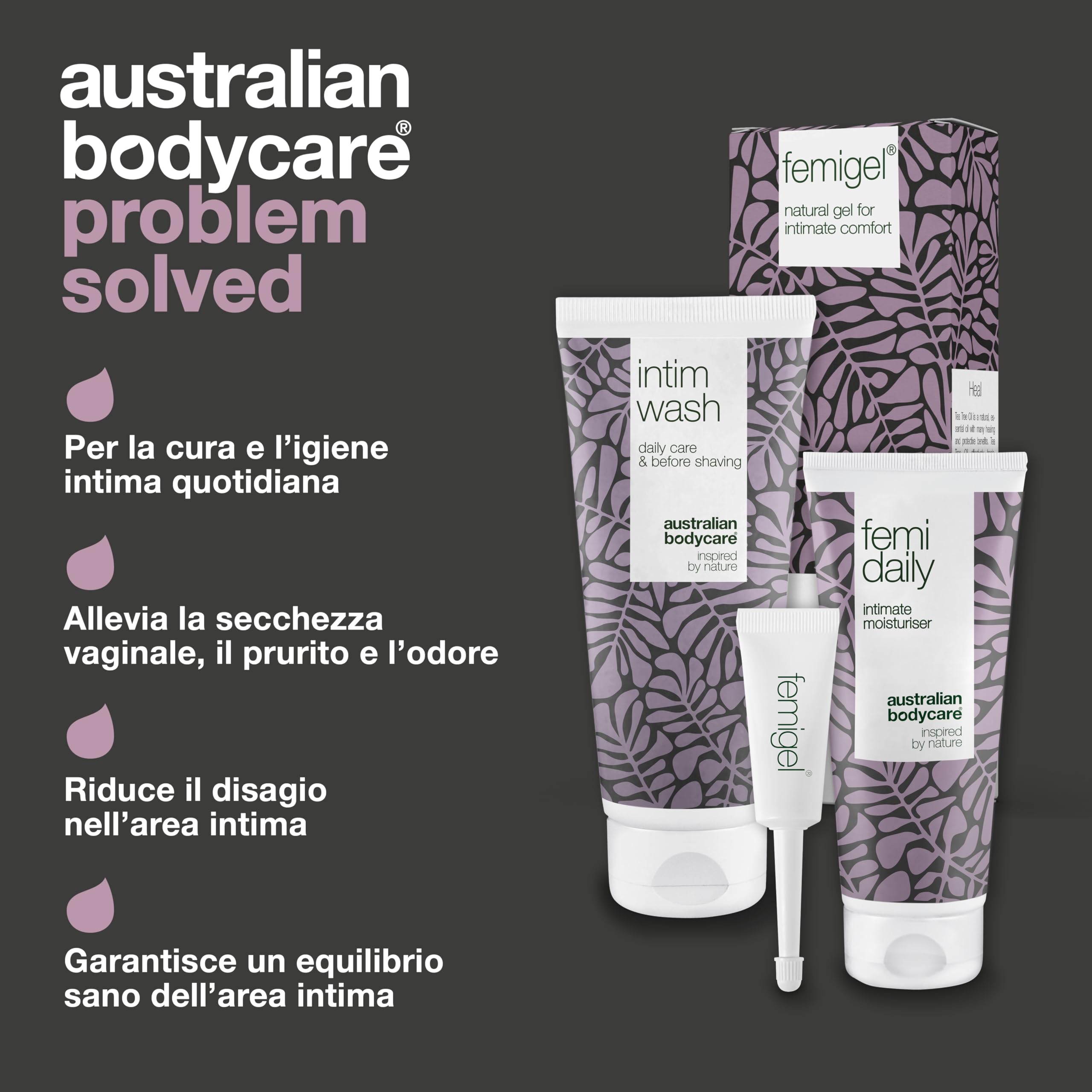 Australian Bodycare Intimate Kit – 3 prodotti per la cura intima | Riduce secchezza, prurito, rossori e odori| Contiene: Intim Wash 200 ml + Femi Daily 100 ml + Femigel 5x5 ml | Australian Bodycare