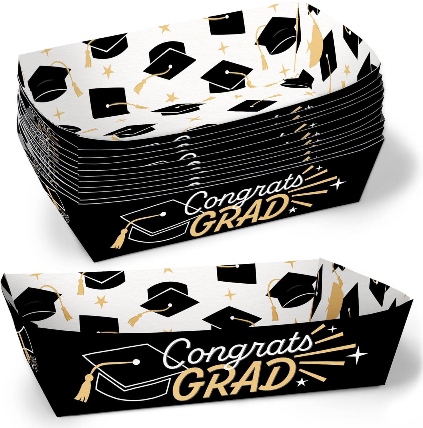 Big Dot of Happiness Graduation Paper Food Trays, Disposable Food Boats for Congrats Grad Party, Double-Sided Paper Meal Holders for Nachos, Hot Dogs, Snacks - 12 Ct (Black and Gold)